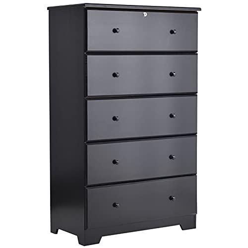 Pemberly Row Contemporary Solid Pine Wood 5-Drawer Chest Dresser for Bedroom - Black Finish | Modern Storage Solution for Clothes, Linens & Bedroom Organization