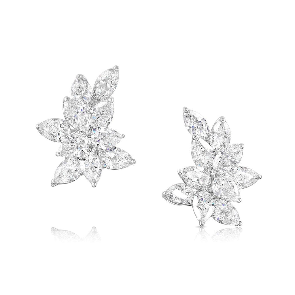 18K White Gold Platinum Pear and Marquise Diamond Cluster Earrings - Elegant Wedding Jewelry for Brides & Special Occasions