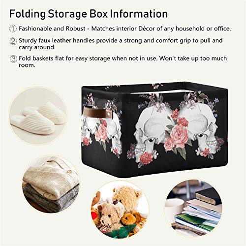 AUUXVA Floral Rose Sugar Skull Halloween Foldable Storage Basket - Large Collapsible Organizer Bin with Handles for Toys, Bathroom, Nursery & Closet (1 Pack) | Perfect for Seasonal Decor, Kids Room Organization & Home Storage Solutions