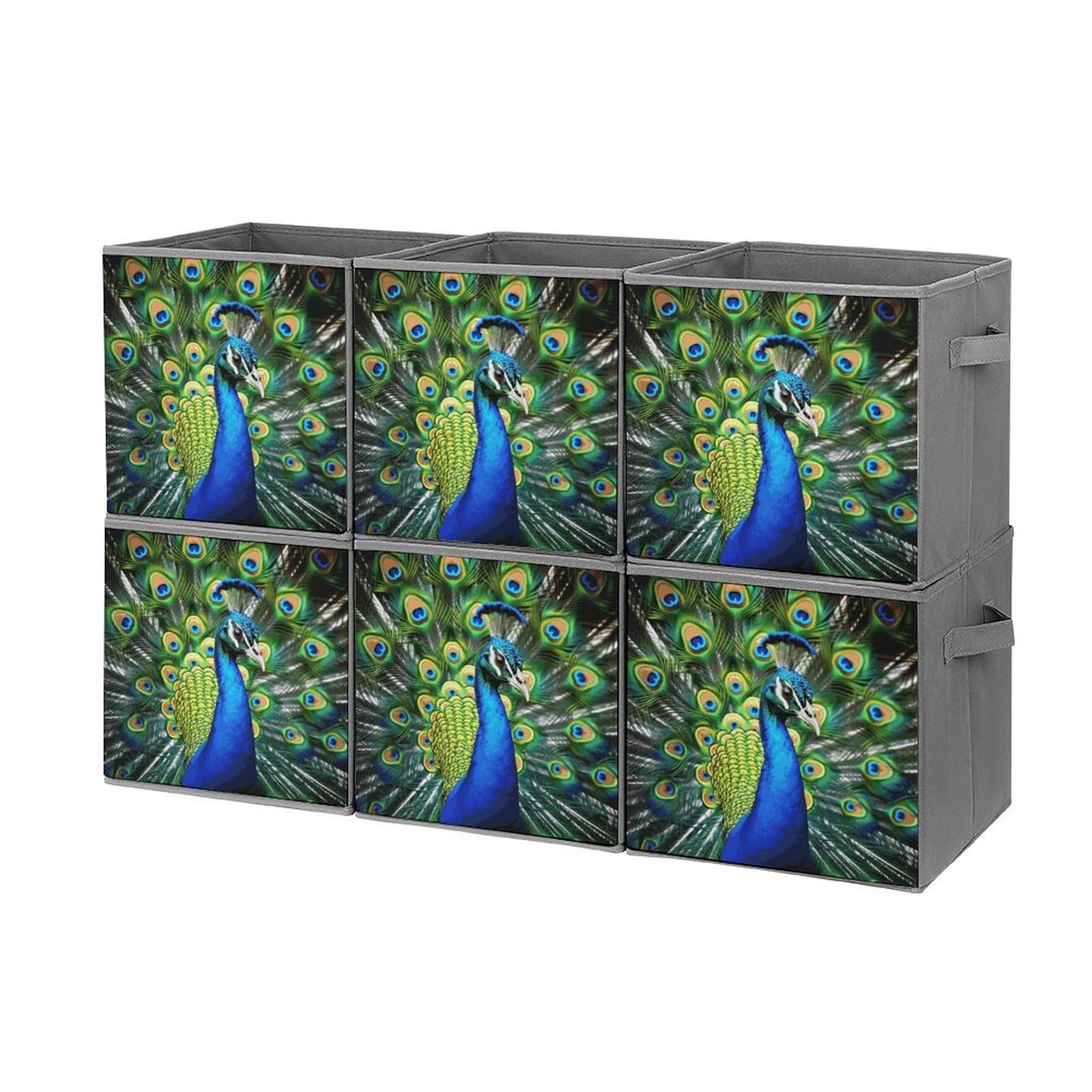 6-Piece Collapsible Storage Bins with Handles - Blue Peacock Printed Foldable Organizing Baskets for Shelves, Closet, Kitchen & Home Organization - Space Saving Storage Containers for Toys, Books & Household Items