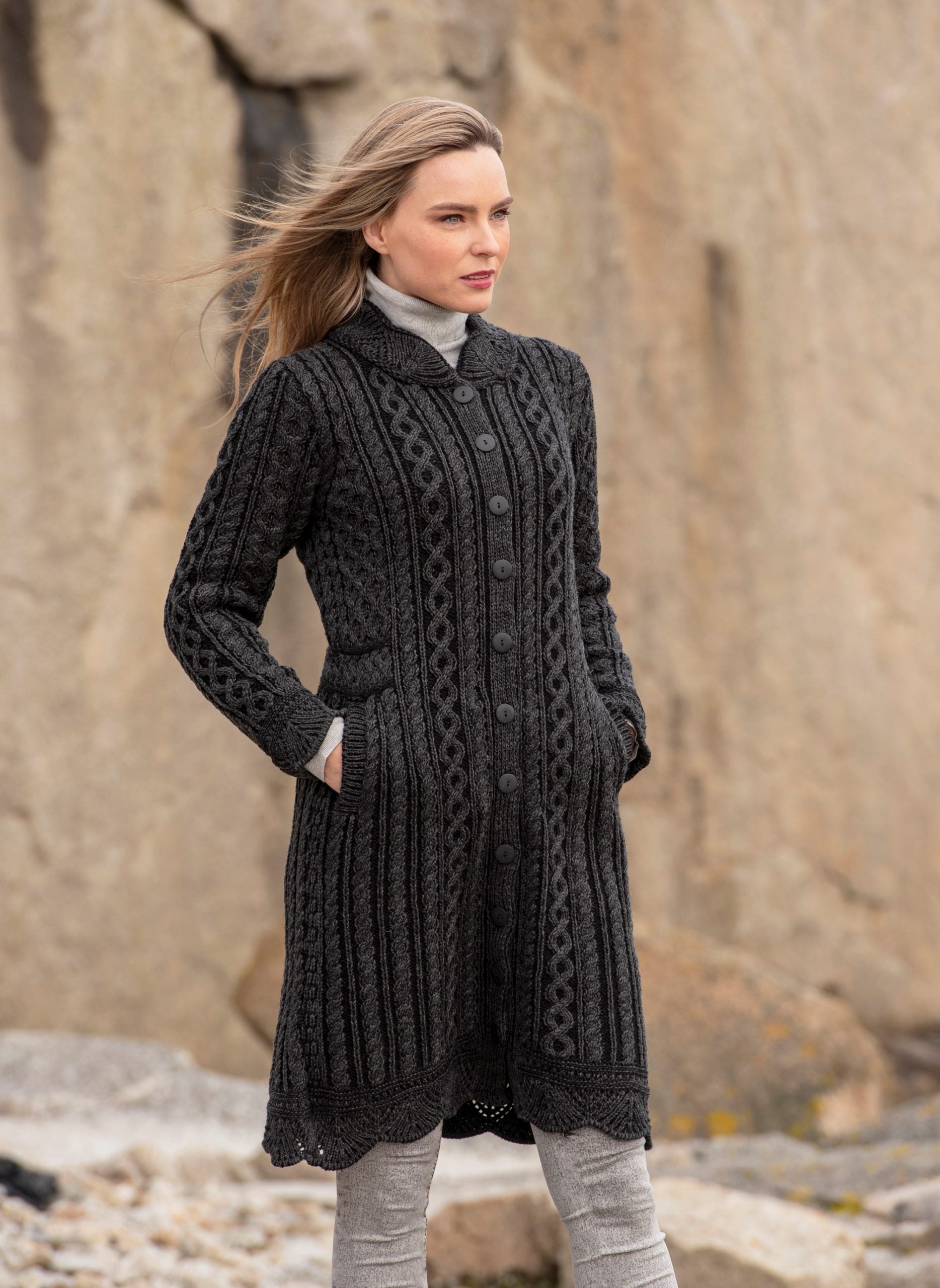 Aran Long Button Cardigan Coat for Women - Soft Knit Sweater Wrap, 2 Color Options (Beige & Gray) | Perfect for Fall Layering, Office Wear & Cozy Evenings