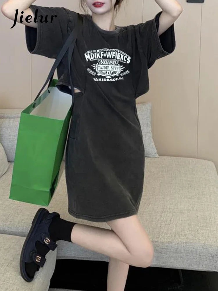 Vintage American Style Hollow Out Letter Women's Dress - Loose Fit, Slim Waist, Solid Color O-Neck Summer Dress for Casual Wear, Beach Outings & Date Nights