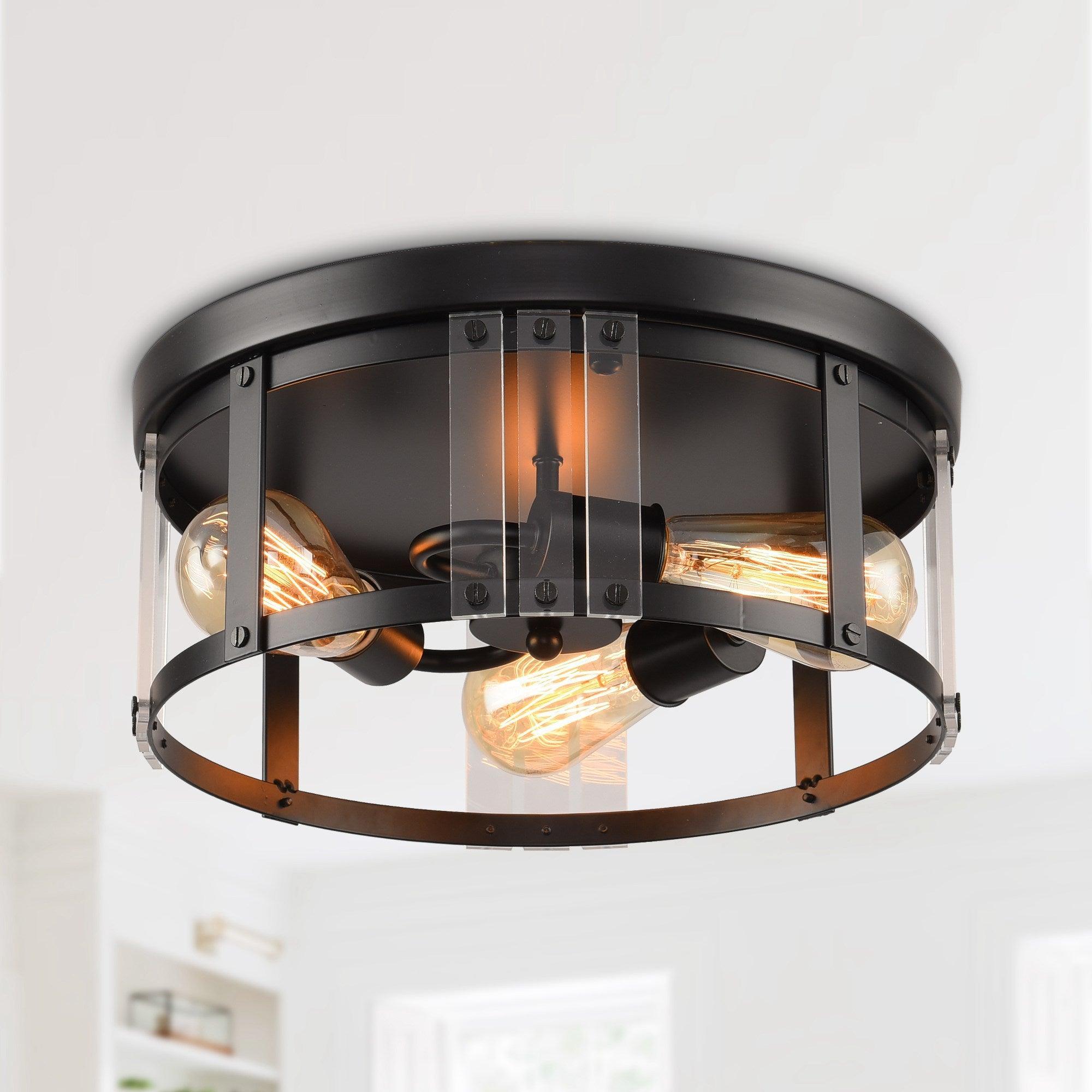 Black 3-Light Farmhouse Flush Mount Ceiling Light Fixture - Rustic Vintage Style for Kitchen, Dining Room & Bedroom Lighting