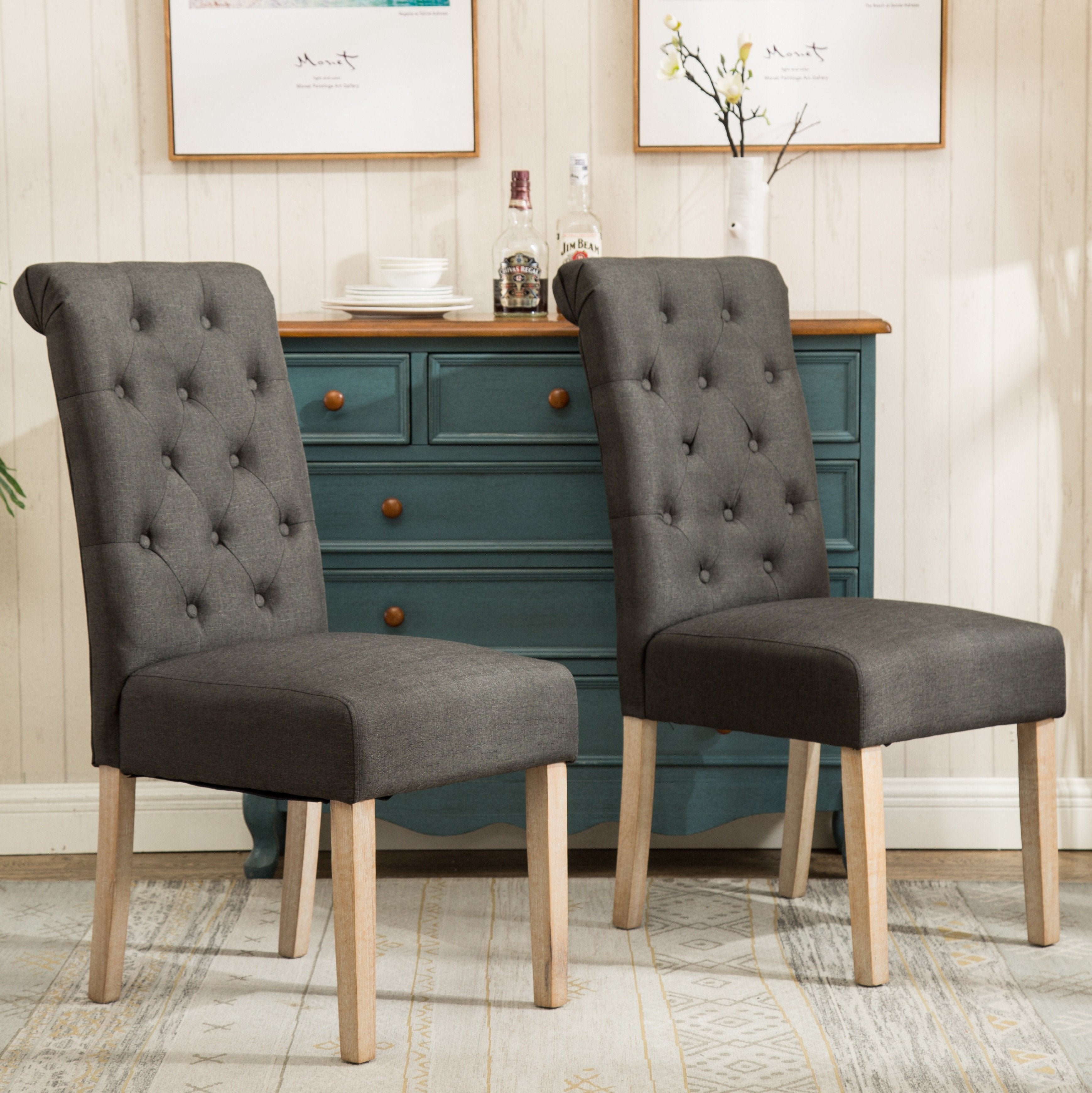 Roundhill Furniture Solid Wood Tufted Parsons Dining Chairs - Set of 2, Charcoal Gray - Elegant Modern Dining Room Seating for Home & Restaurant Use