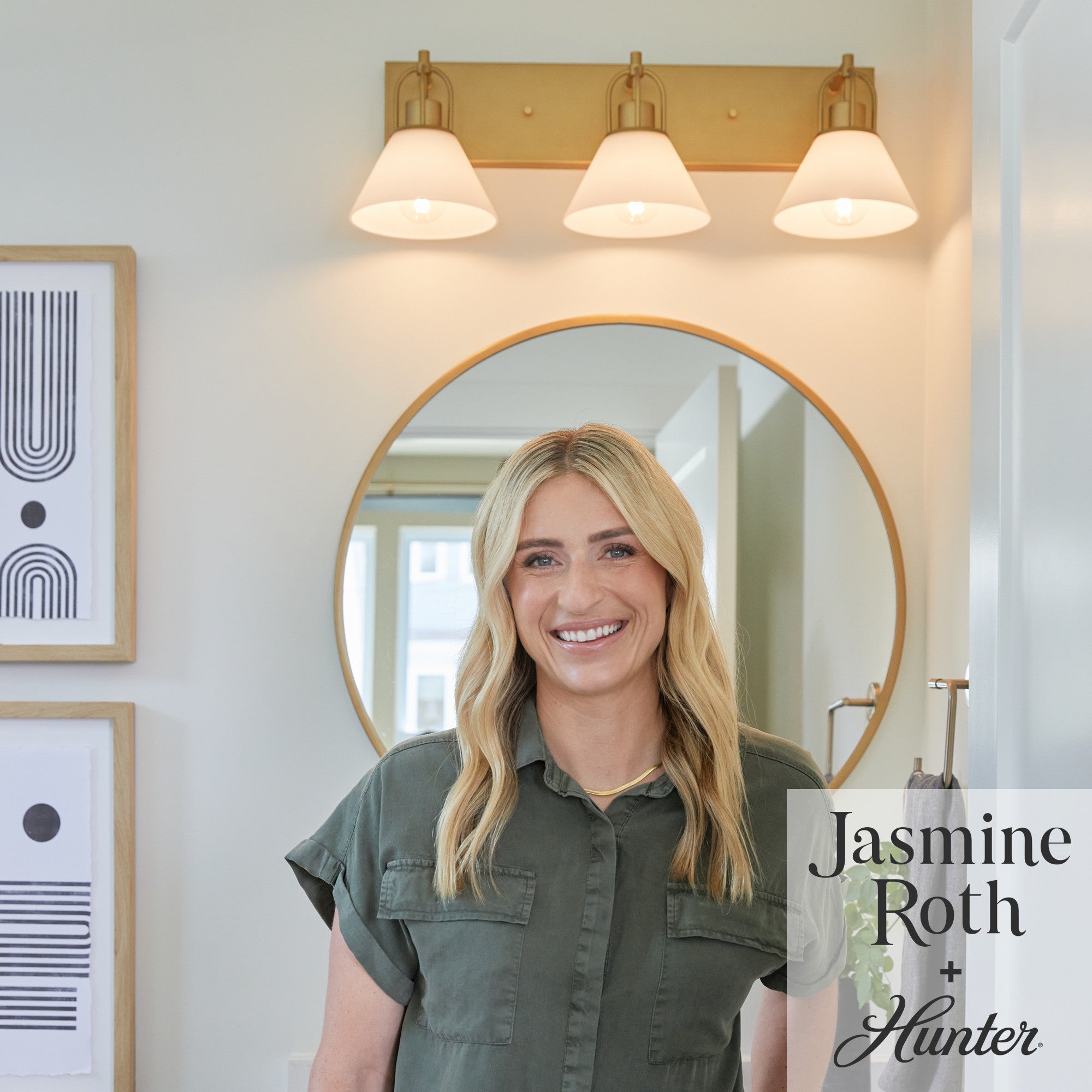 Hunter Carrington Isle Luxe Gold 3-Light Bathroom Vanity Wall Sconce with White Glass Shades - Jasmine Roth Collection - Perfect for Modern Bathrooms, Powder Rooms and Spa-Style Decor