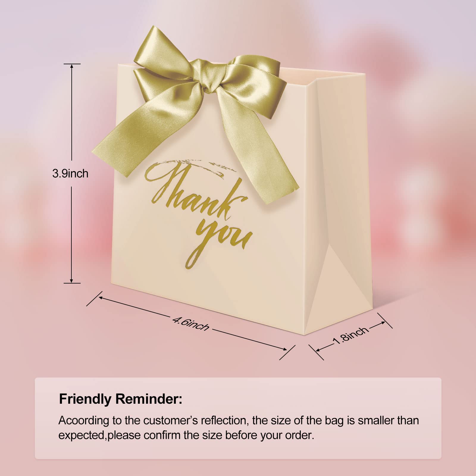 24 Pack Small Pink Thank You Gift Bags with Bow Ribbon - 4.5x1.8x3.9 Inches Wedding Party Favor Treat Boxes - Perfect for Bridal Showers, Baby Showers & Birthday Party Favors (Gold)