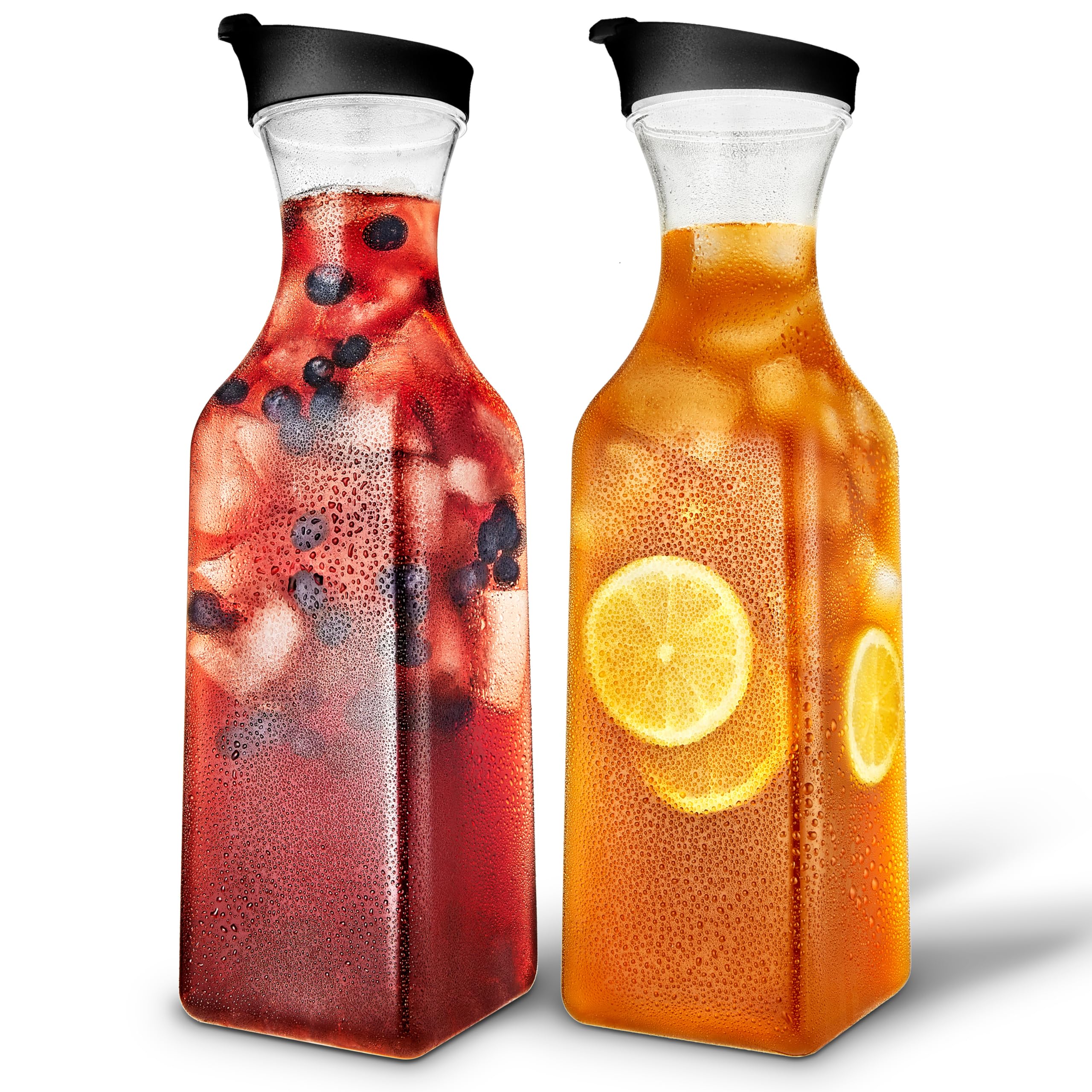 50oz Clear Plastic Juice Carafe with Black Lids (2 Pack) - BPA-Free Drink Pitcher for Mimosa Bar, Iced Tea, Lemonade & Milk Storage - Perfect for Refrigerator, Pantry & Party Serving - Square Beverage Container with Leak-Proof Lid