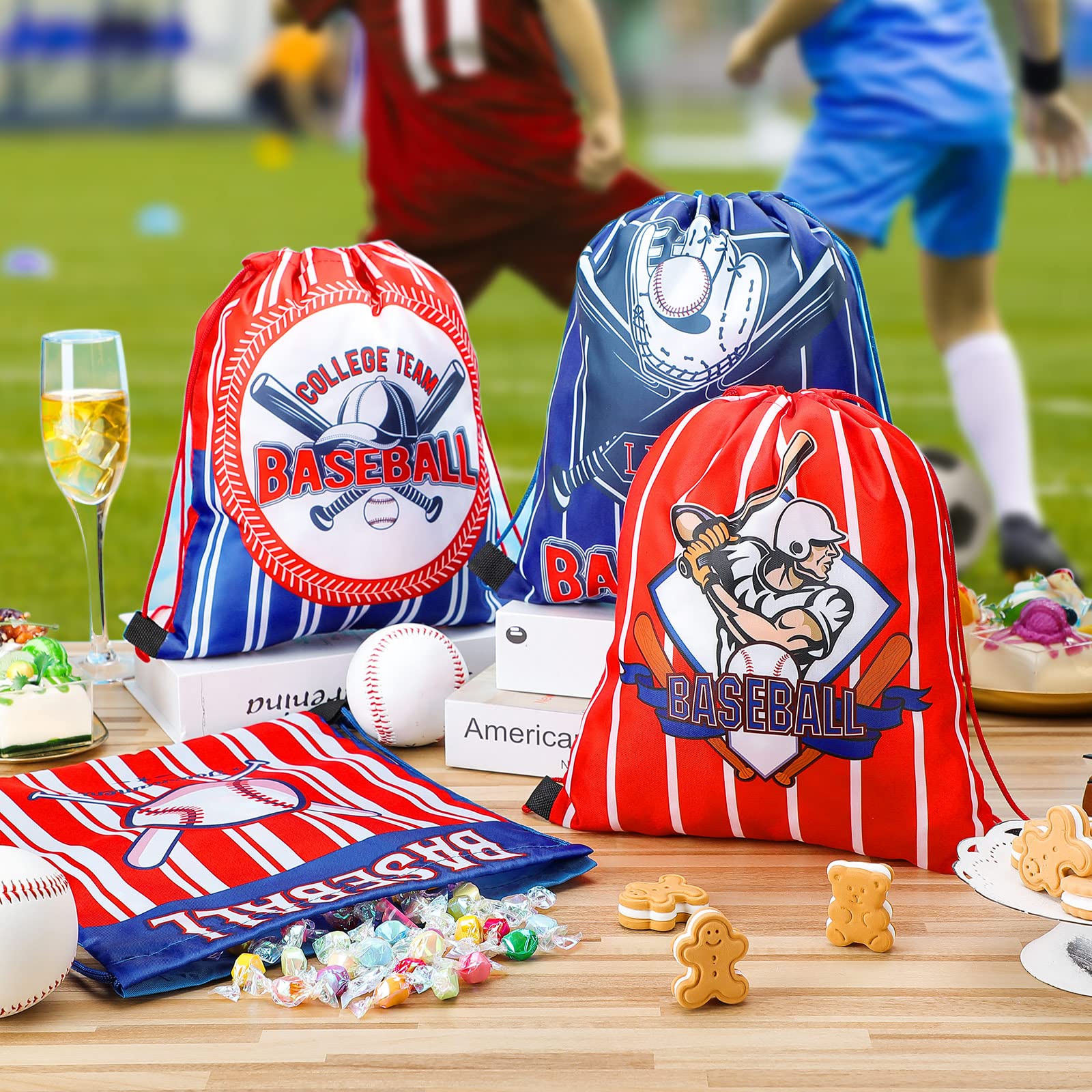 12 Pack Tondiamo Soccer Baseball Party Favor Bags - Drawstring Goodie Bags for Kids Birthday Parties, Sports Themed Events & Candy Treat Supplies - Perfect for Team Snacks, Game Day Favors & Birthday Giveaways