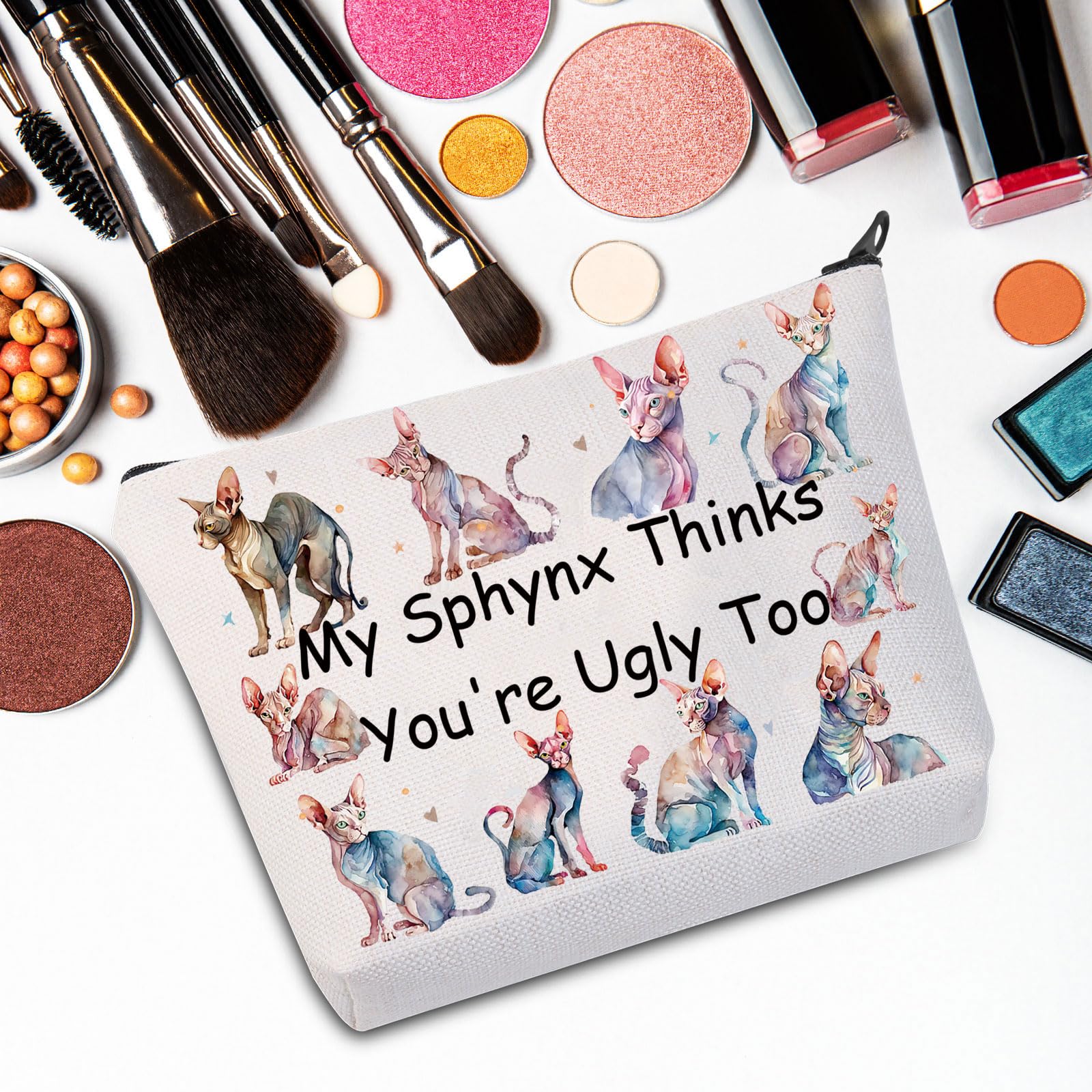 JNIAP Sphynx Cat Makeup Bag - Funny Hairless Cat Lover Gift - 'My Sphynx Thinks You're Ugly Too' Pouch - Perfect for Cosmetics Storage & Unique Pet Lover Gifts