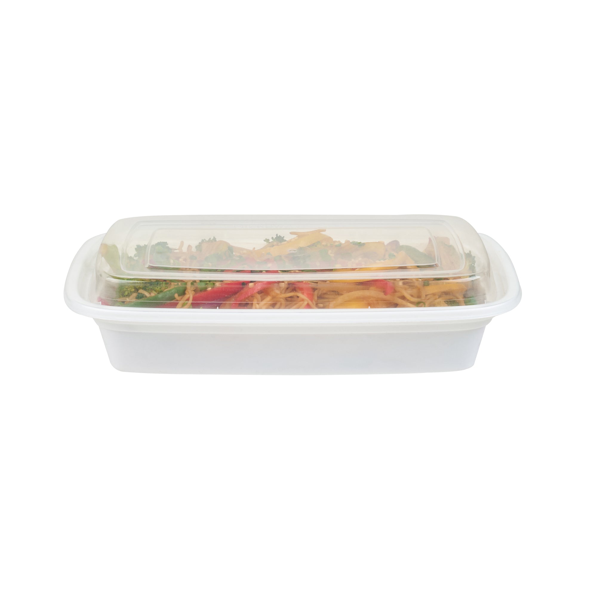28 oz Rectangle White Plastic Food Storage Container with Clear Lid - Microwave Safe, 50-Pack (8.75