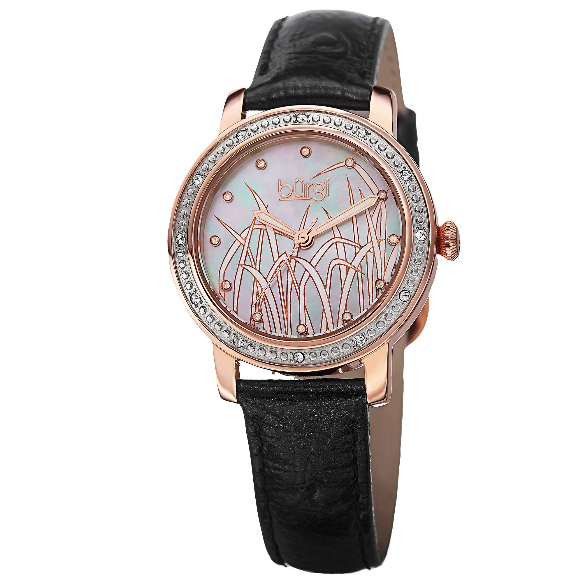 Burgi Women's Mother of Pearl Watch with 12 Genuine Diamonds - Elegant Leather Strap & Unique Landscape Dial - Perfect for Business, Party & Everyday Wear - BUR096