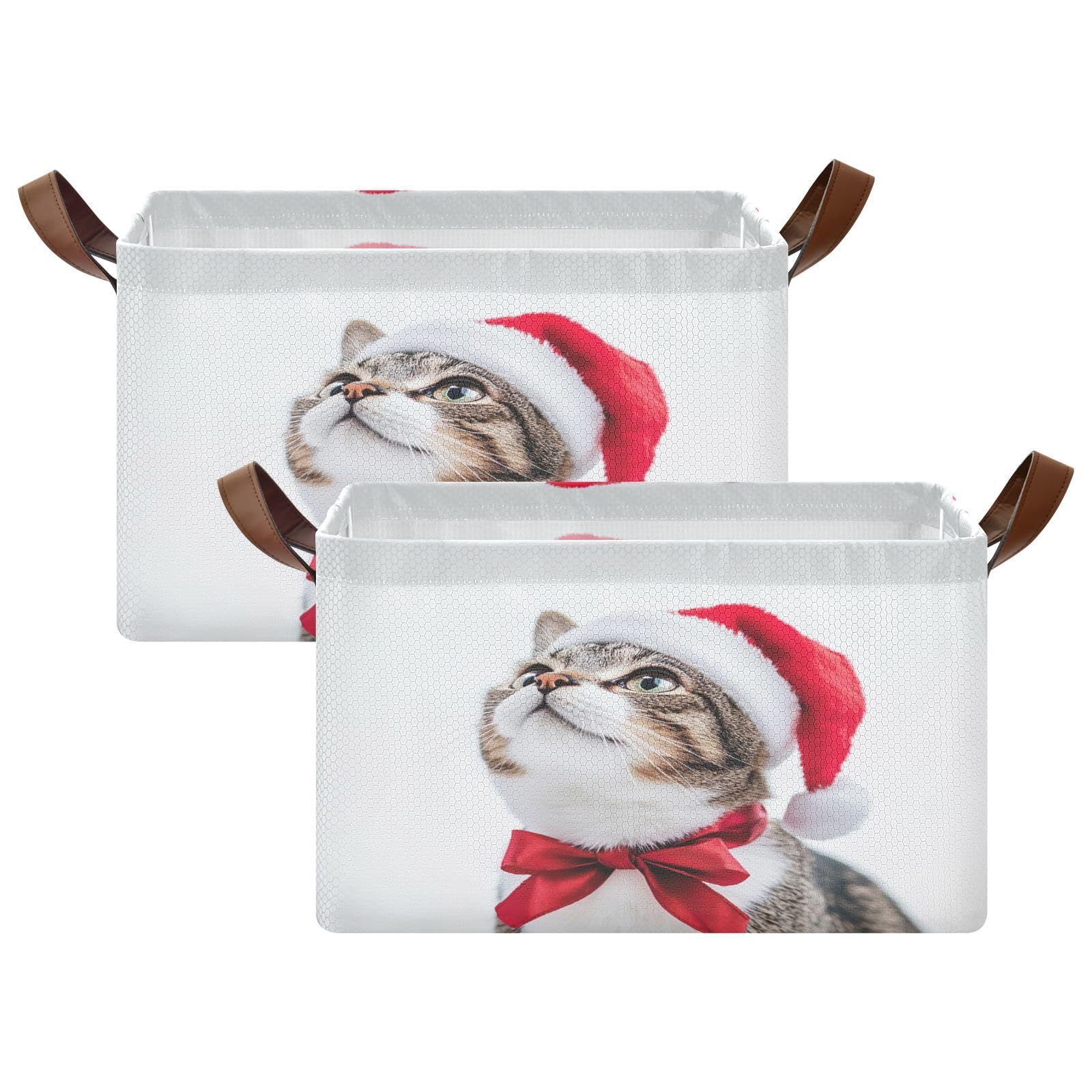 Christmas Cat Hat Foldable Storage Baskets - 2 Pack Collapsible Storage Bins with Handles for Shelves & Closet Organization | Perfect for Holiday Decor, Pet Accessories & Home Storage Solutions