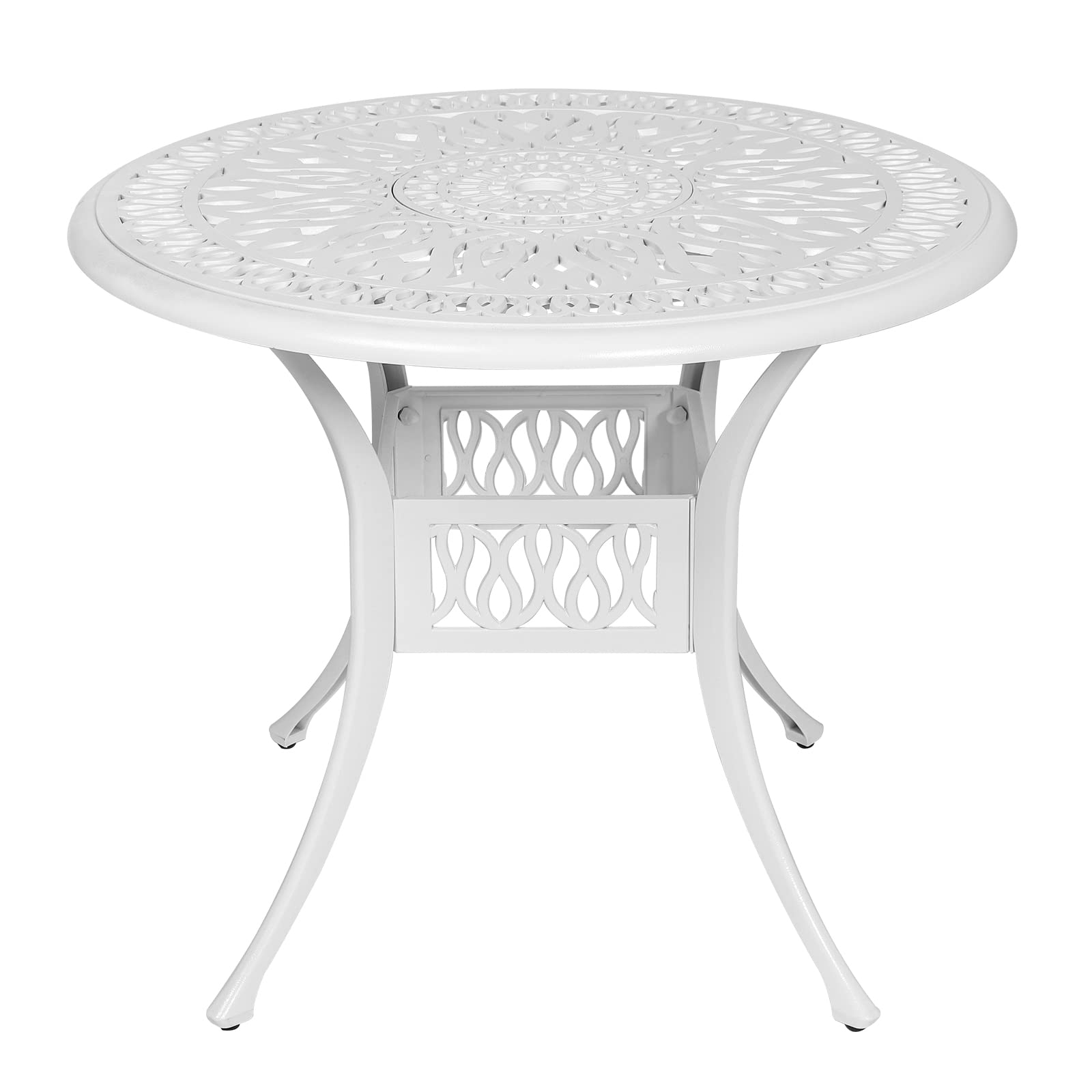 MEETWARM 35.4 Inch Round Outdoor Dining Table - Weather-Resistant Cast Aluminum Patio Table with 2 Inch Umbrella Hole in White - Perfect for Backyard, Garden, Poolside & Outdoor Entertaining