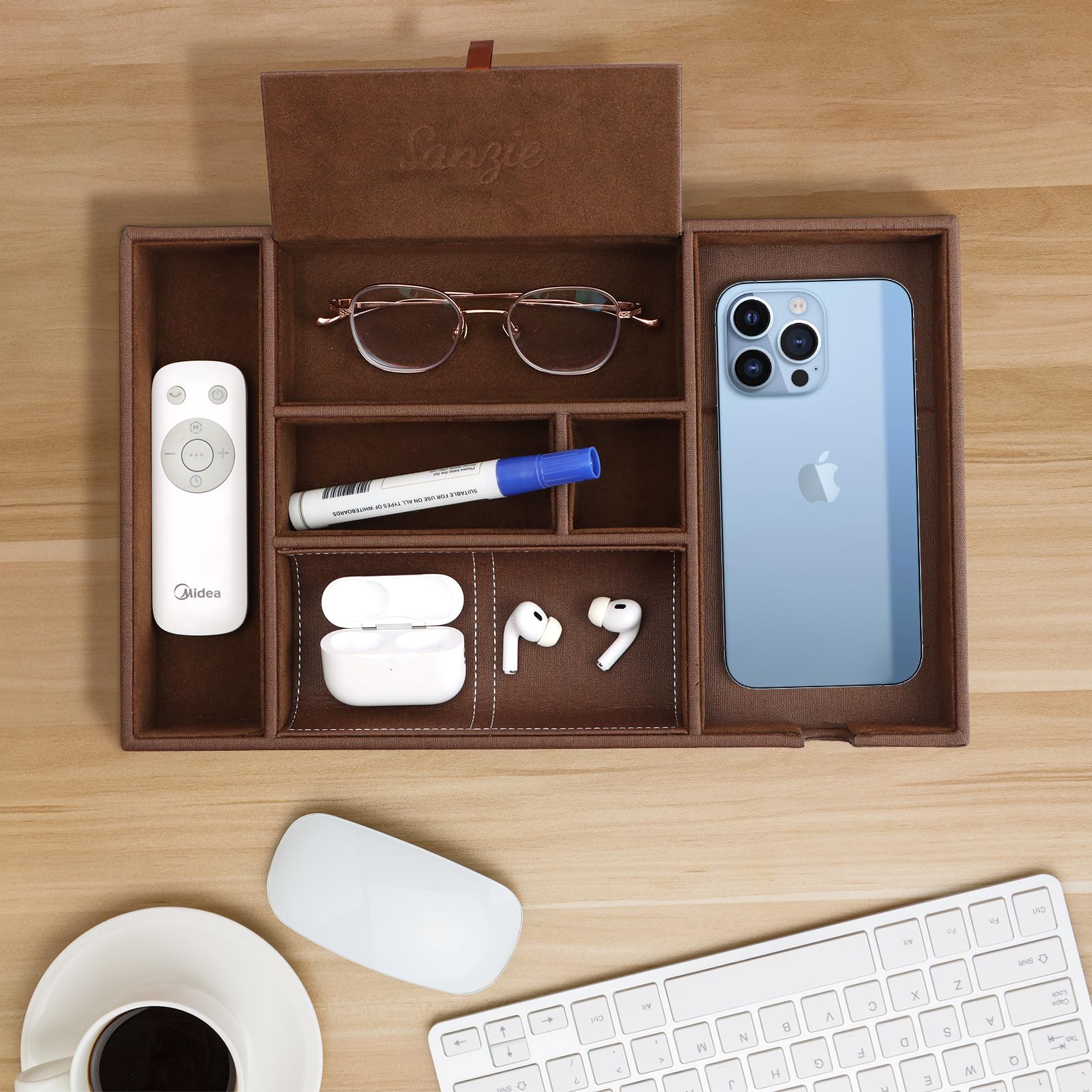 Premium SANZIE Leather Tray with Qi Wireless Charger - Large Nightstand Organizer for Phone, Wallet, Keys, Jewelry & Accessories (Brown) - Perfect for Bedroom, Office & Travel Organization