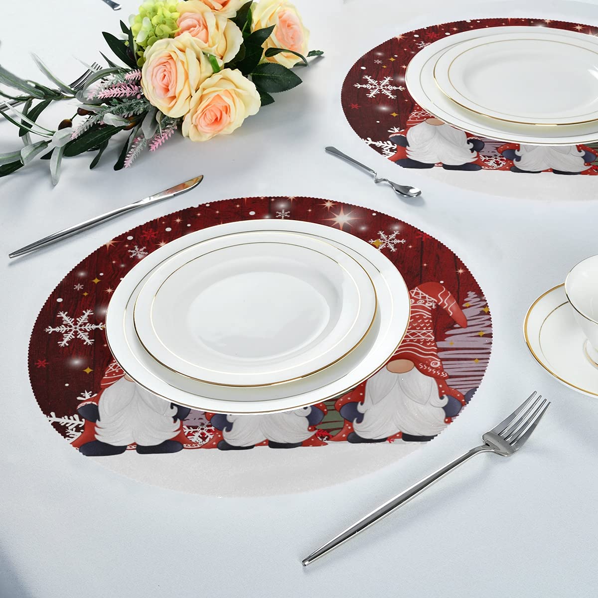 Christmas Gnomes Round Placemats Set of 6 - 17 Inch Non-Slip Dining Table Mats with Snowflake Tree Design, Easy to Clean Kitchen Table Decor for Home, Wedding & Holiday Parties - Perfect for Christmas Dinner, Winter Gatherings and Festive Home Decor