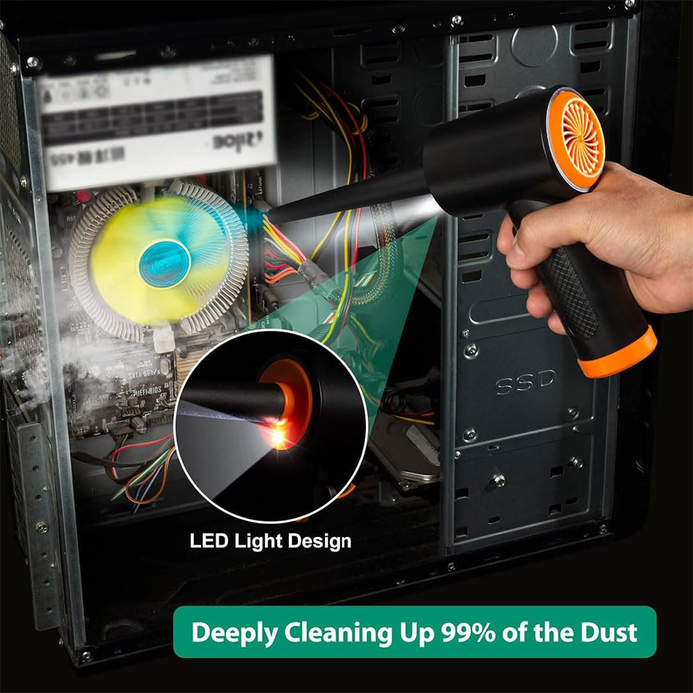 Electric Air Duster for Keyboard Cleaning - 60000 RPM Reusable Compressed Air Can Replacement with 3 Speed Settings & LED Light - Perfect for Electronics, PC, Laptop, Camera Lens and Office Equipment Maintenance
