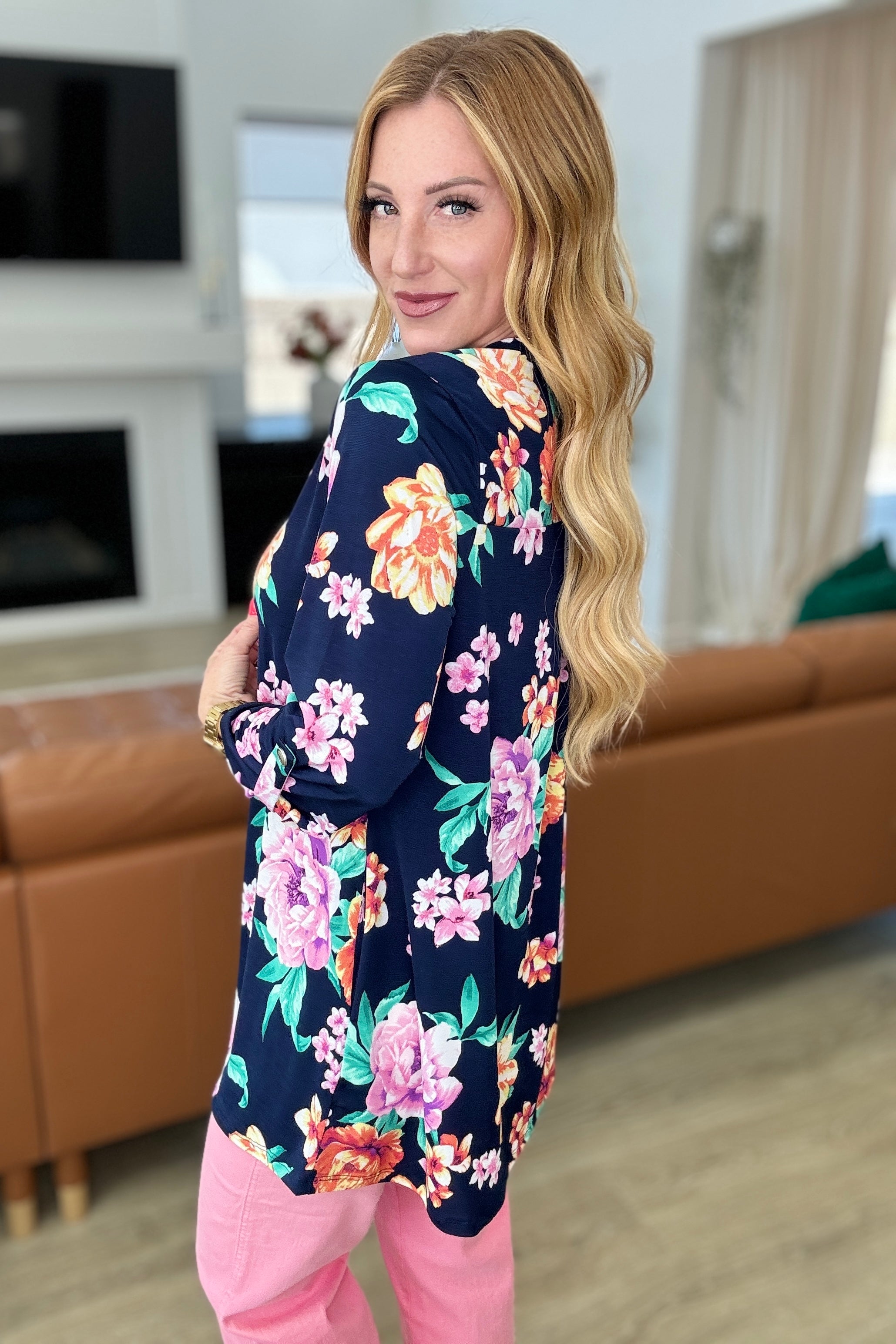 Lizzy Cardigan Women's Navy & Lavender Bouquet Knit Sweater - Cozy Fall & Winter Cardigan for Office, Date Night & Casual Outfits