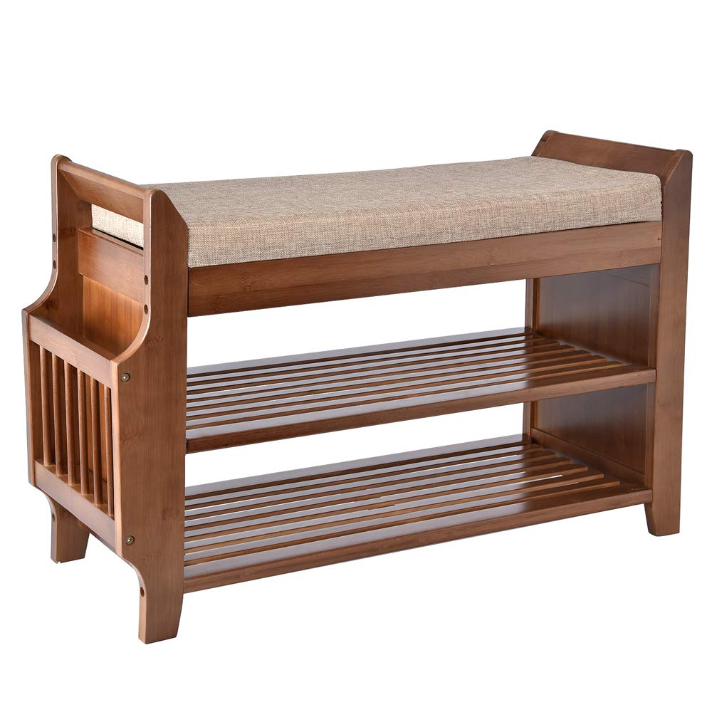 YUSING 2-Tier Bamboo Shoe Rack Bench with Removable Cushion, Entryway Shoe Storage Organizer with Hidden Drawer & Umbrella Stand - Perfect for Bedroom, Living Room, Bathroom & Entryway Organization | Space-Saving Shoe Shelf for Small Apartments & Home Decor