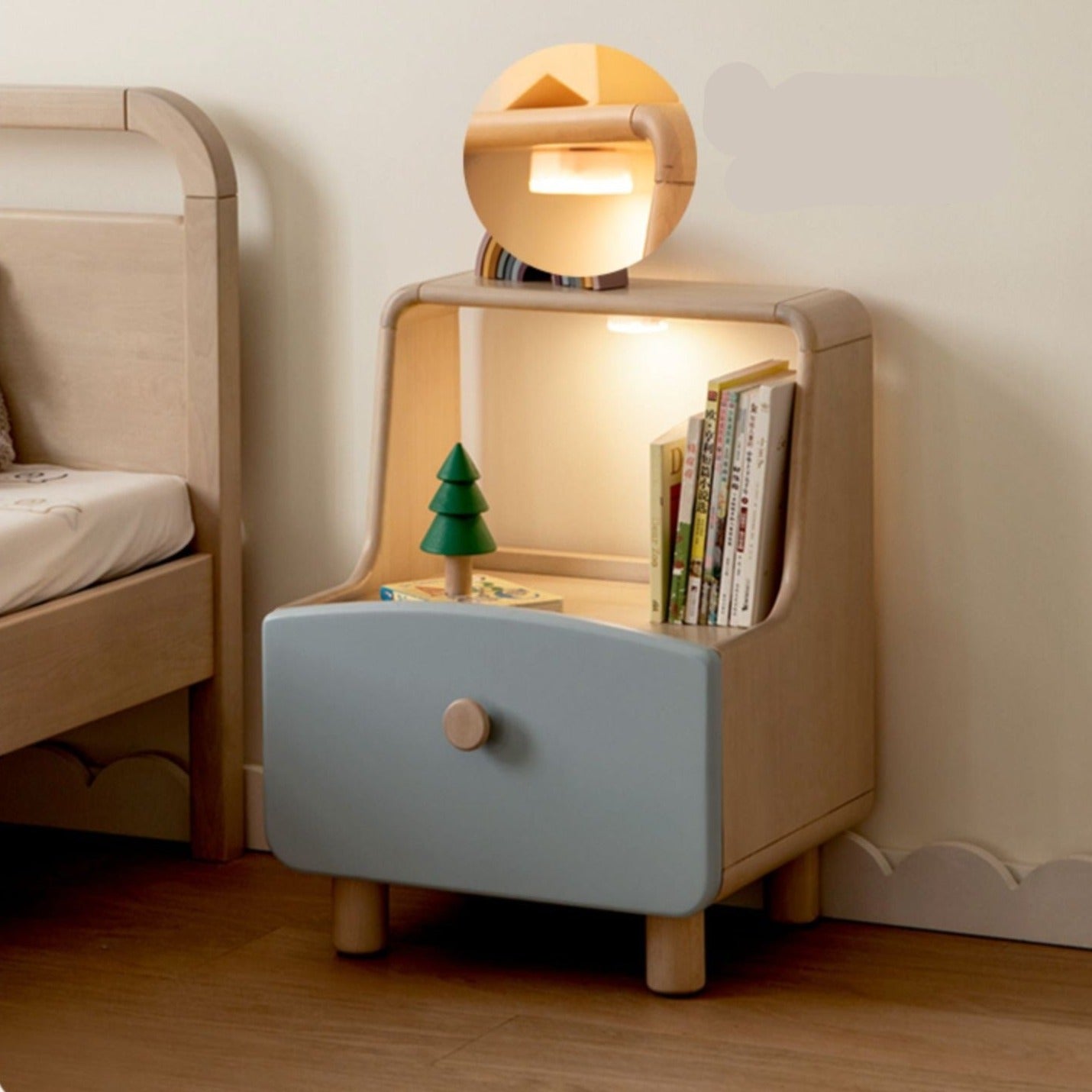 Solid Wood Nightstand with Built-in Night Light - Birch & Beech Wood Bedside Table for Bedroom, Living Room, or Nursery - Modern & Functional Furniture for Small Spaces