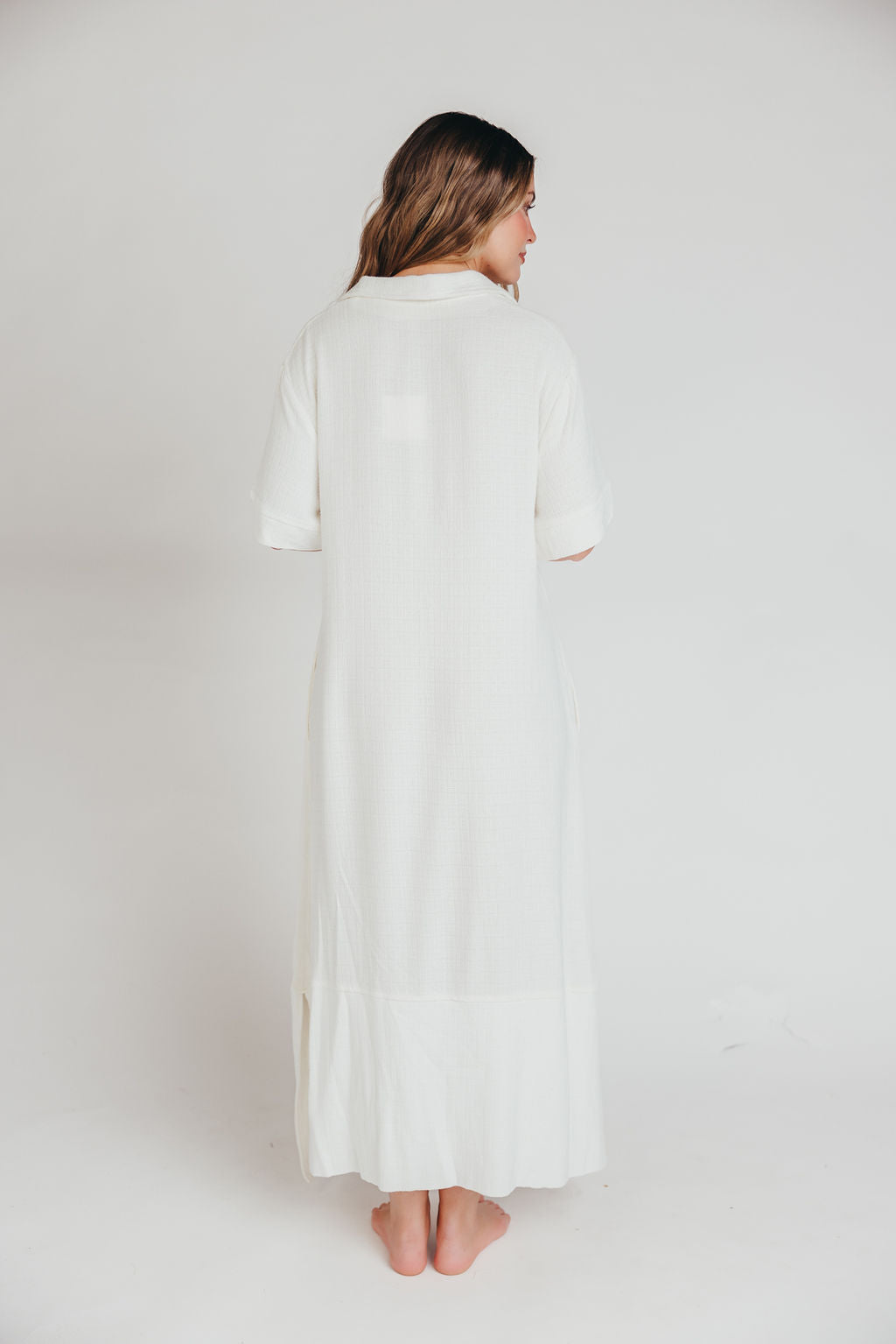 Fallon Linen Blend Collared Midi Dress in Ivory - Bump Friendly Maternity Dress for Women | Perfect for Summer Weddings, Baby Showers & Casual Outings
