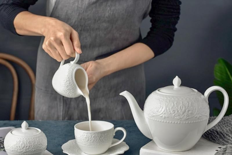 TUDOR ROYAL 12-Piece White Porcelain Cup and Saucer Set - Service for 6 with WHITEHALL Embossed Design & Scalloped Edges - Elegant Tea Set for Afternoon Tea, Bridal Shower, and Home Decor