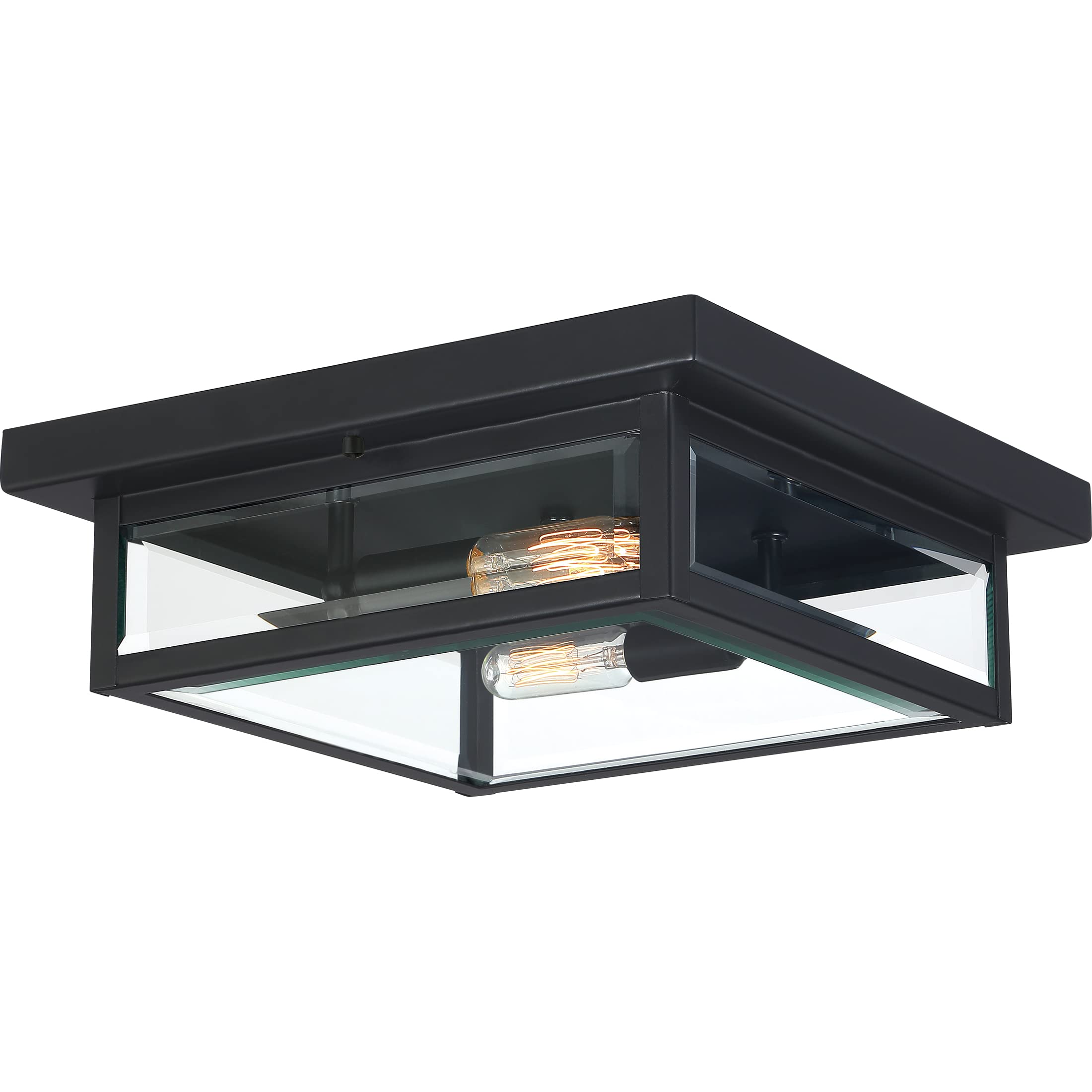 Quoizel Westover 12 Inch 2-Light Flush Mount Ceiling Light - Earth Black Industrial Lantern with Beveled Glass - Perfect for Hallway, Kitchen, Bedroom, Bathroom & Dining Room Lighting