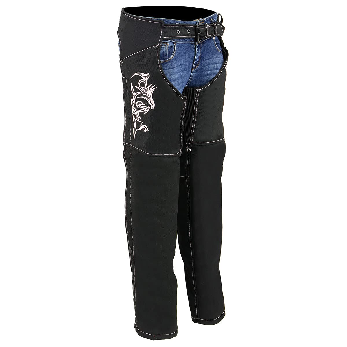 Milwaukee Leather SH1182 Women's Motorcycle Riding Chaps - Black & Pink Textile with Tribal Embroidery for Harley Davidson & Cruiser Bikes | Perfect for Long Rides & Motorcycle Events