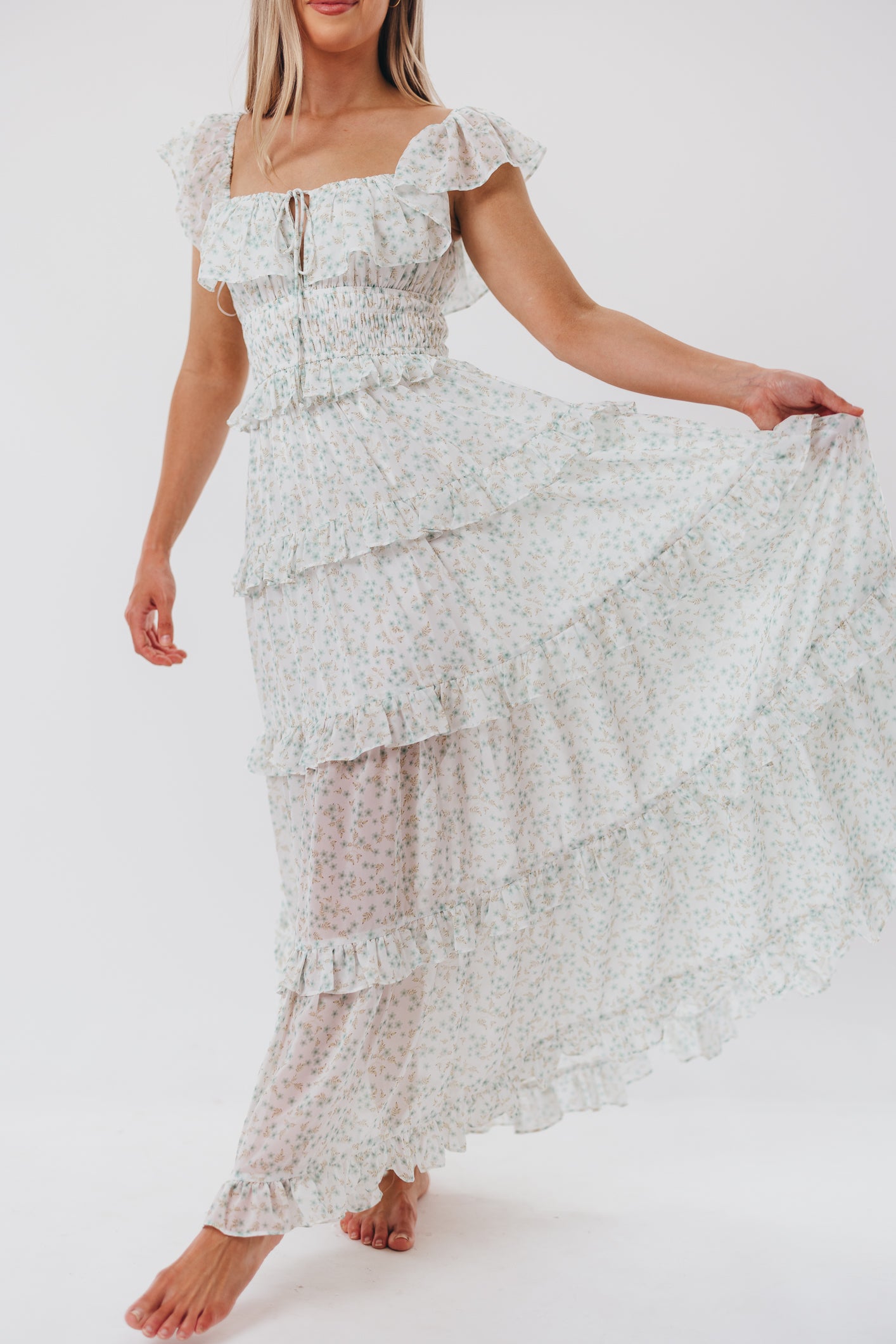 Astrid Ruffle Detail Maxi Dress in Sage Floral - Bump Friendly Maternity Dress for Pregnancy, Nursing & Special Occasions | Flowy Summer Dress for Beach, Wedding & Vacation