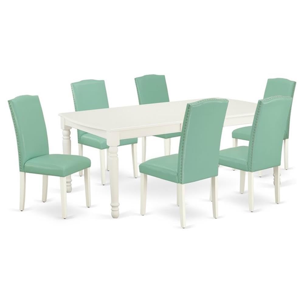 6-Piece Extendable Farmhouse Dining Set - Rustic White Square Table with Teal Upholstered Chairs for Small Spaces | Perfect for Kitchen, Dining Room & Compact Homes | Ideal for Family Dinners, Entertaining Guests & Cozy Meals