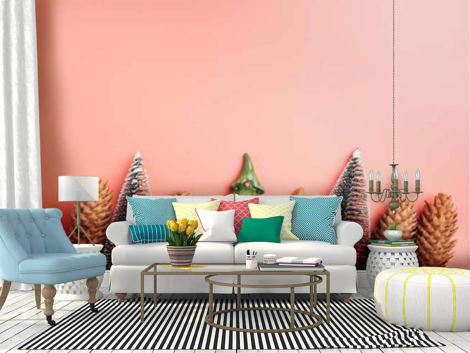 Christmas Trees and Pine Cones Border Peel and Stick Wallpaper - Pink Background Self-Adhesive Wall Mural, Large Removable Vinyl Film Roll for Home Decor (Perfect for Bedroom, Nursery, Living Room Wall Accent)
