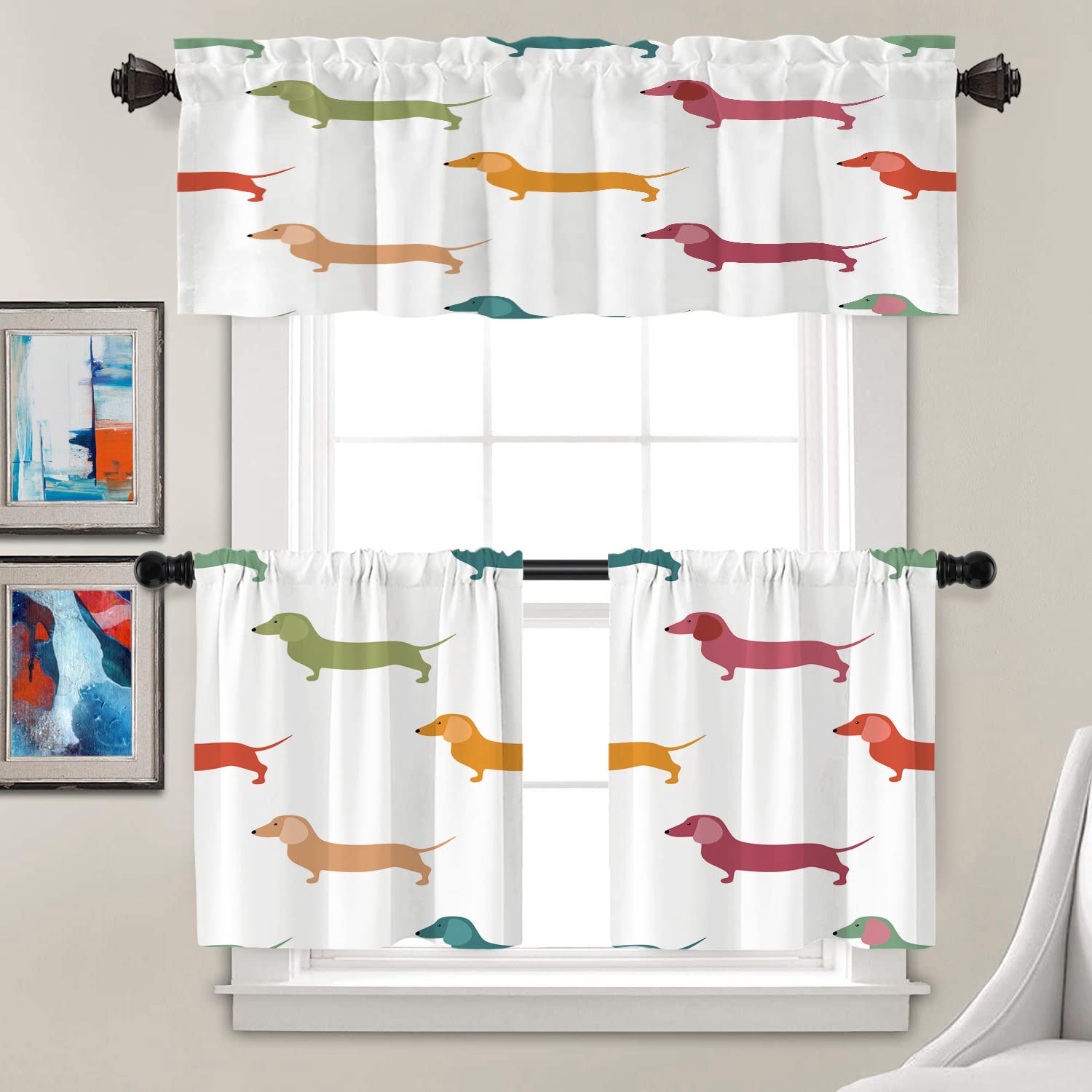 Cute Dachshund Valance Curtains - Dog Puppy Animal Print Blackout Window Treatment for Kitchen, Living Room & Bathroom - 2 Pack 52x18 Inch Polyester Textile Hunter Style - Perfect for Pet Lovers' Home Decor