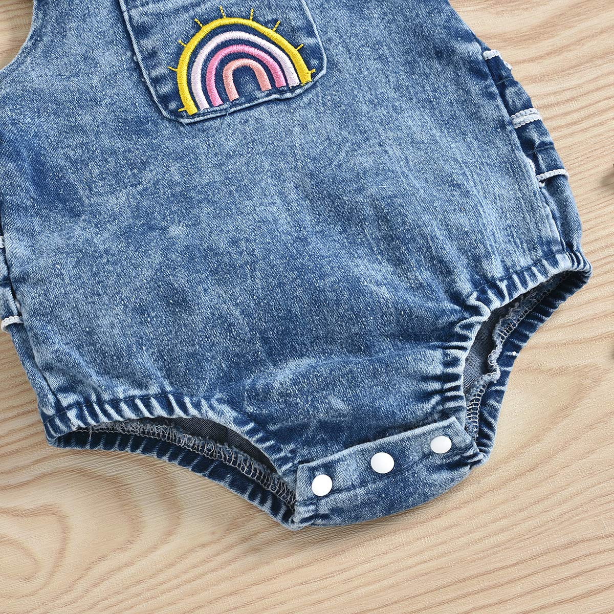 Mubineo Newborn Baby Girl Outfit Set - Rainbow Denim Romper, Bib & Headband for 0-24 Months | Cute Infant Fashion for Photos, Parties & Everyday Wear