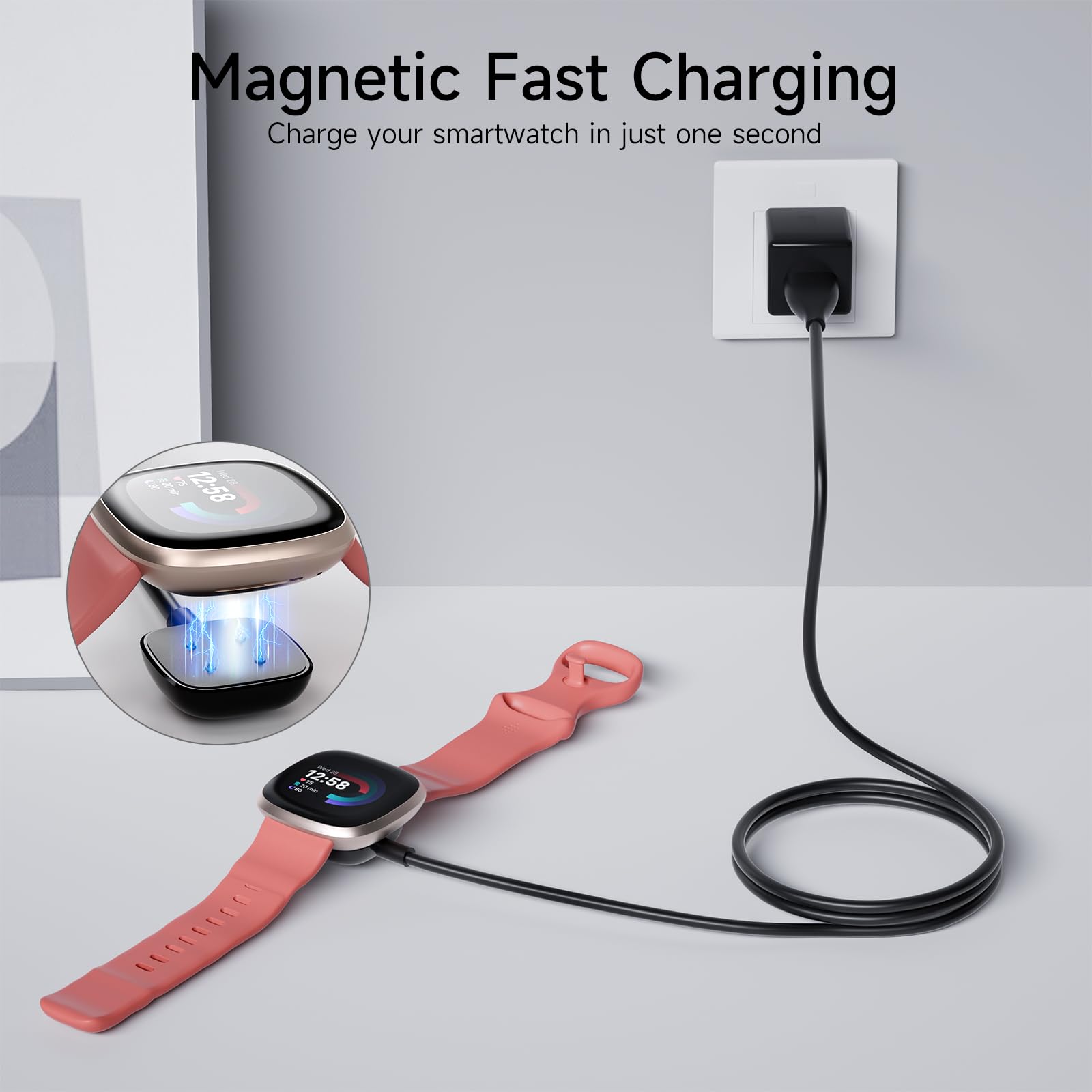Fitbit Sense & Sense 2 Versa 4 Versa 3 Charger - USB Magnetic Charging Dock Cable for Smartwatch - Durable 3.3ft Portable Replacement Charger (1 Pack) - Perfect for Home, Office & Travel Use