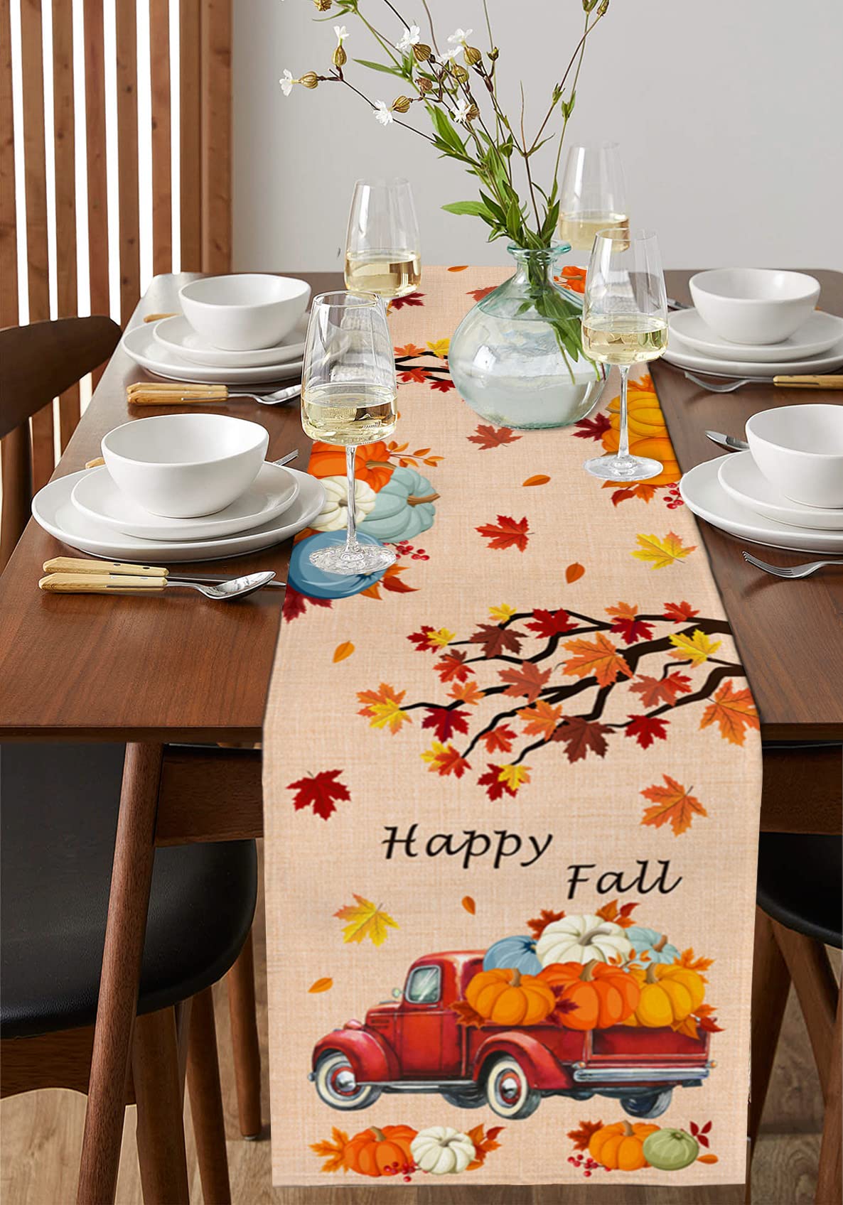 Thanksgiving Truck Fall Pumpkin Maple Leaves Table Runner - 13x70 Inches Long Washable Orange Autumn Decor for Round, Kitchen, Coffee & Dining Tables - Perfect for Holiday Gatherings & Cozy Home Decor