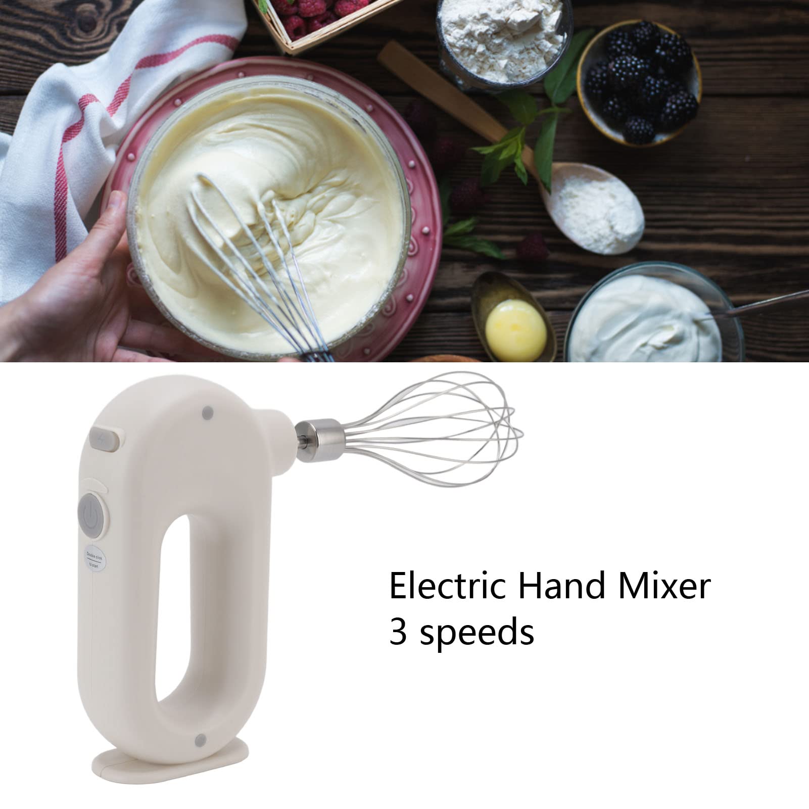 5V 20W Electric Hand Mixer with 3 Speeds & Anti-Slip Handle - Stainless Steel Handheld Milk Frother, Egg Beater & Foam Maker for Baking, Coffee, Desserts (White) - Perfect for Home Kitchen, DIY Drinks & Pastry Making