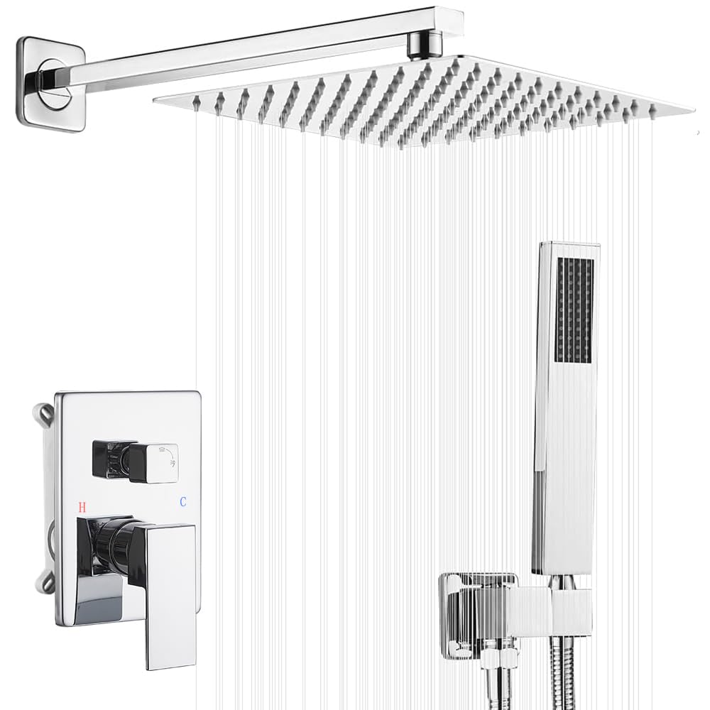 Luxury 10 Inch Chrome Rain Shower Head Combo with Handheld - High Pressure Wall Mounted Rainfall Shower System with Valve & Trim - Perfect for Modern Bathroom & Spa Experience