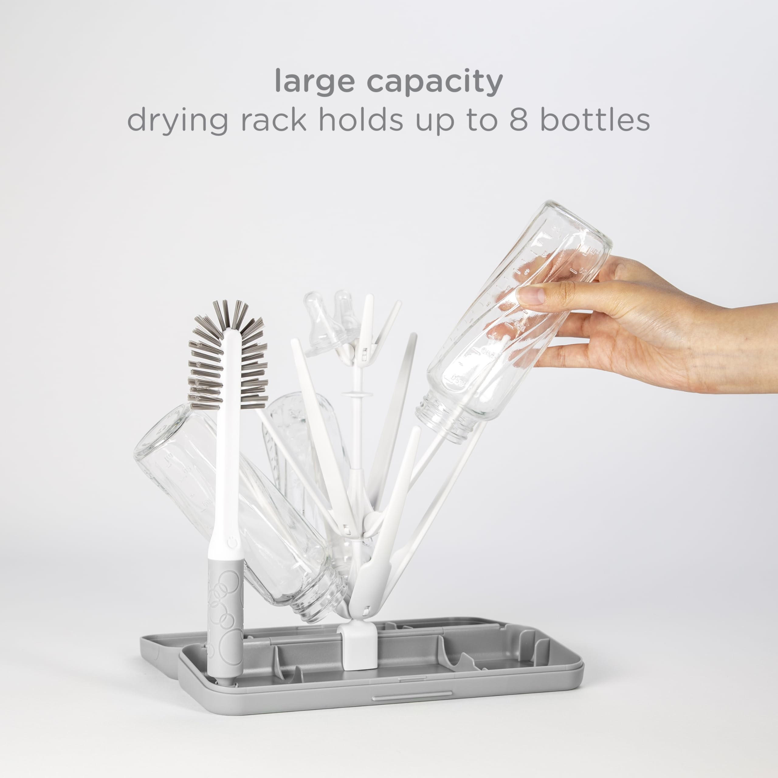 Ubbi On-The-Go Baby Bottle Drying Rack & Brush Set with Travel Case - Compact Storage for 8 Bottles - Gray - Perfect for Travel, Daycare & On-the-Go Parents