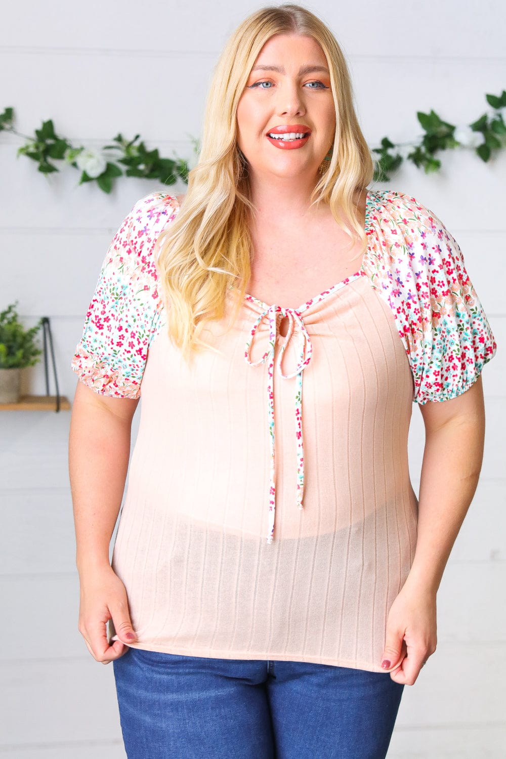 Peach & Floral Tie Neck Bubble Sleeve Blouse - Elegant Women's Fashion Top for Spring Summer Outfits, Date Night & Office Wear
