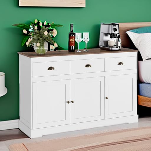 Farmhouse Style White Buffet Cabinet with 3 Drawers & 3 Doors - Adjustable Shelves Storage Sideboard for Dining Room, Living Room & Kitchen - Wine Bar Cabinet, Server Console & Cupboard Organizer - Perfect for Entertaining, Storage & Home Decor