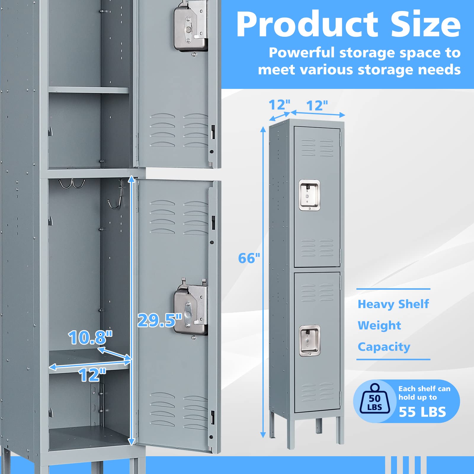 Letaya 4-Tier Metal Storage Cabinet with Locking Doors & Hooks - Secure Storage Locker for Gym, Office, Home, School - Perfect for Employee Lockers, Sports Equipment & Home Organization (2-Door, Gray)