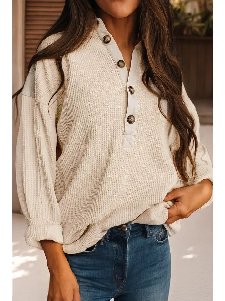 Women's Long Sleeve Waffle Knit Button Down Shirt with Side Pockets - Casual Fall Outfit for Work & Weekend Wear