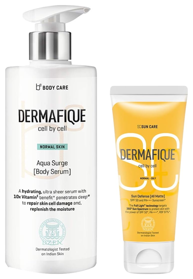 Dermafique All Matte SPF 50 PA+++ Sunscreen 50g | Aqua Surge Body Serum with Shea Butter 300ml | Daily Moisturizing Lotion for Normal Skin | Sun Protection & Hydration for Face & Body | Perfect for Beach, Outdoor Activities & Dry Skin Care