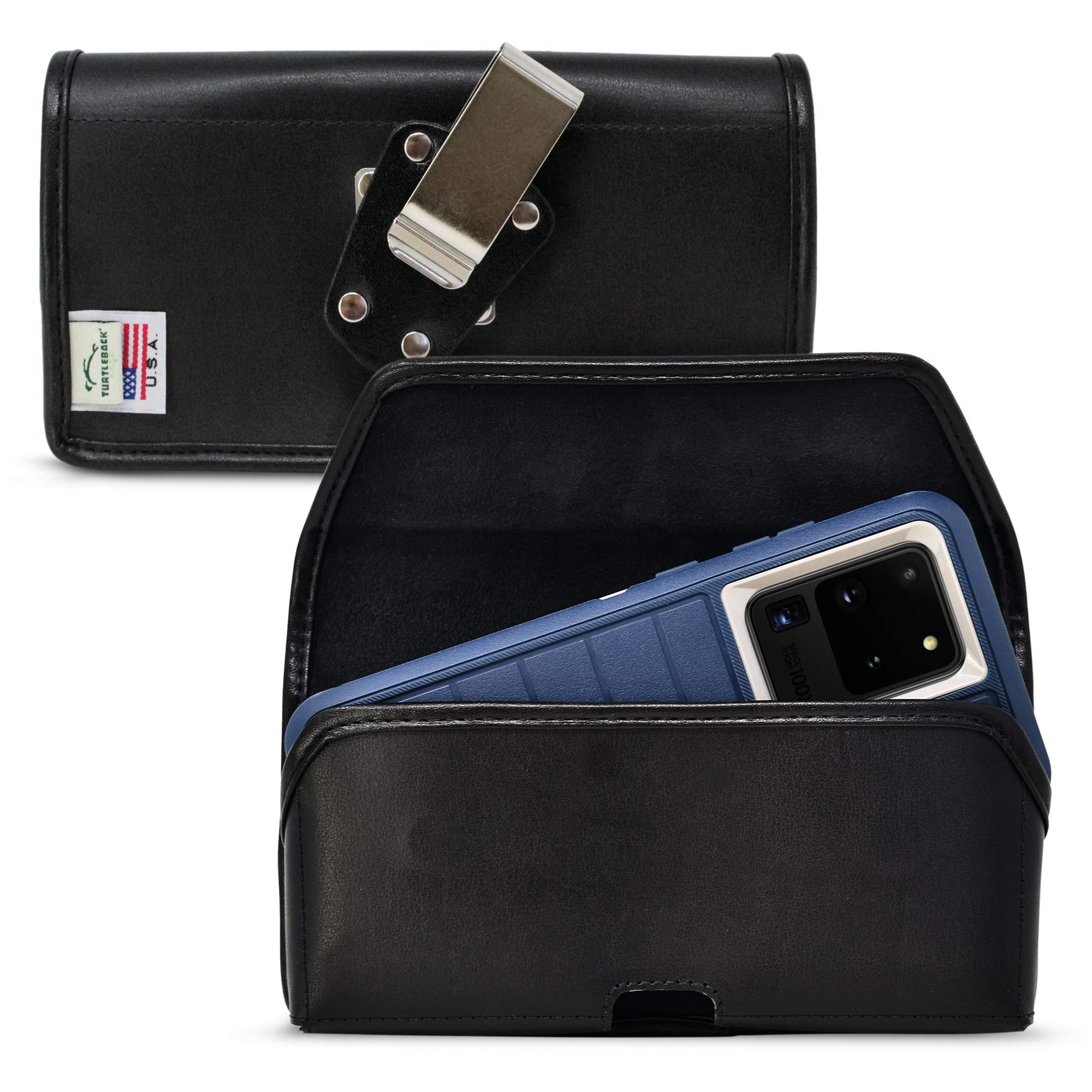 Premium Black Leather Holster with Heavy Duty Rotating Belt Clip for Samsung Galaxy S24/S23/S22/S21/S20 - Compatible with OB Defender & Bulky Cases | Perfect for Outdoor Work, Construction, Hiking & Active Lifestyles