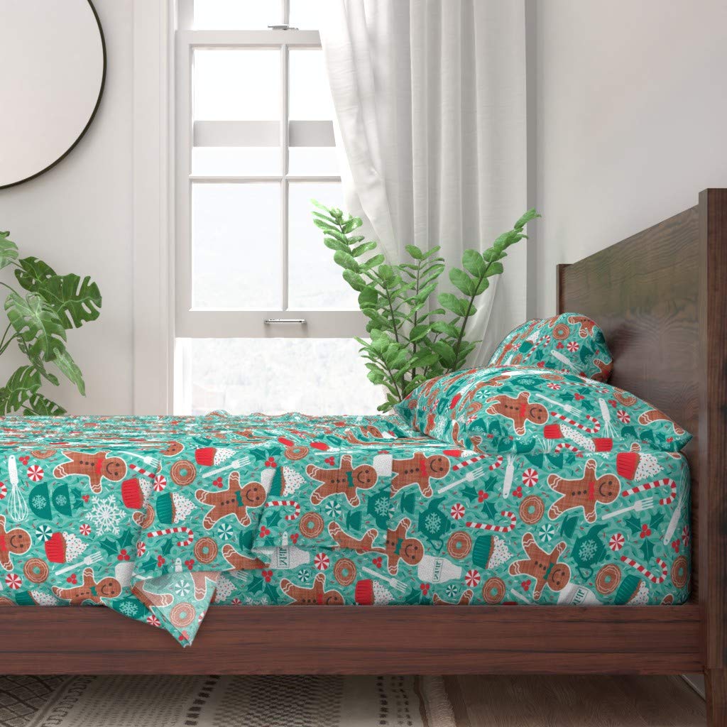 100% Cotton King Size 4-Piece Sheet Set | Gingerbread Christmas Treats Cookie Cupcake Candy Sweets Aqua Baking Holiday Print | Soft Custom Bedding for Cozy Winter Nights & Festive Home Decor