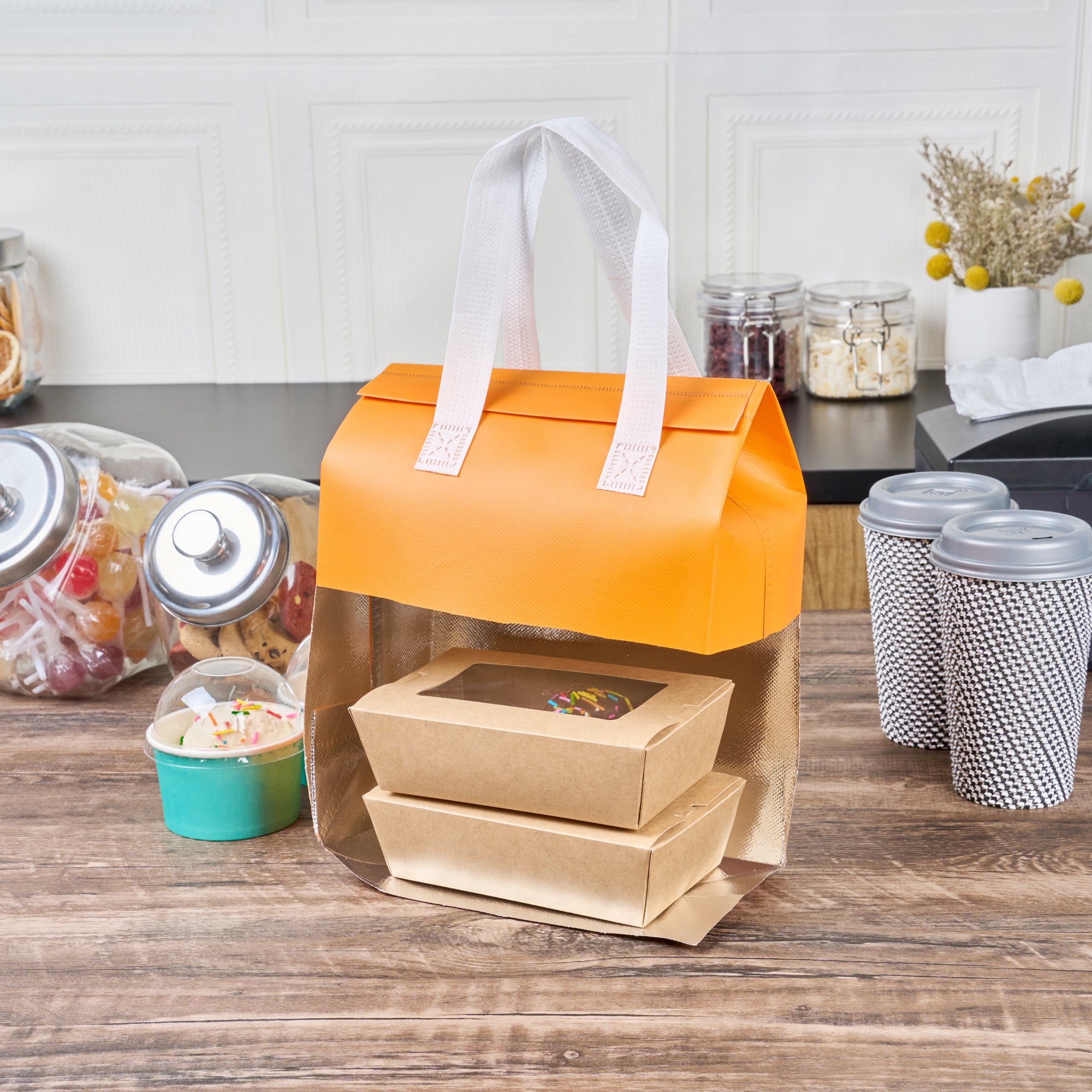 Orange Insulated Take Out Bags - Tamper Evident Food Delivery Bags (8.25