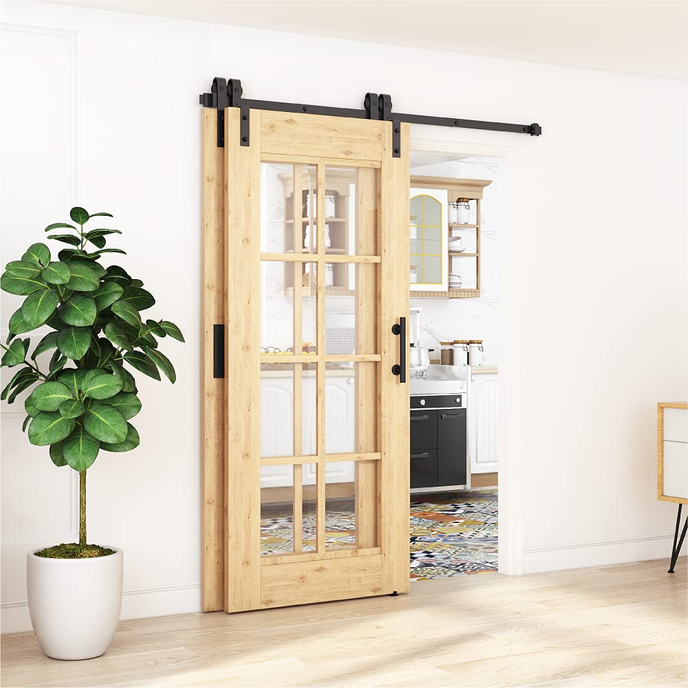 ZEKOO 8FT Single Track Bypass Sliding Barn Door Hardware Kit for Double Doors - Low Profile J-Shape Hanger System with Flat Track Rollers | Perfect for Bedrooms, Closets & Farmhouse Style Homes