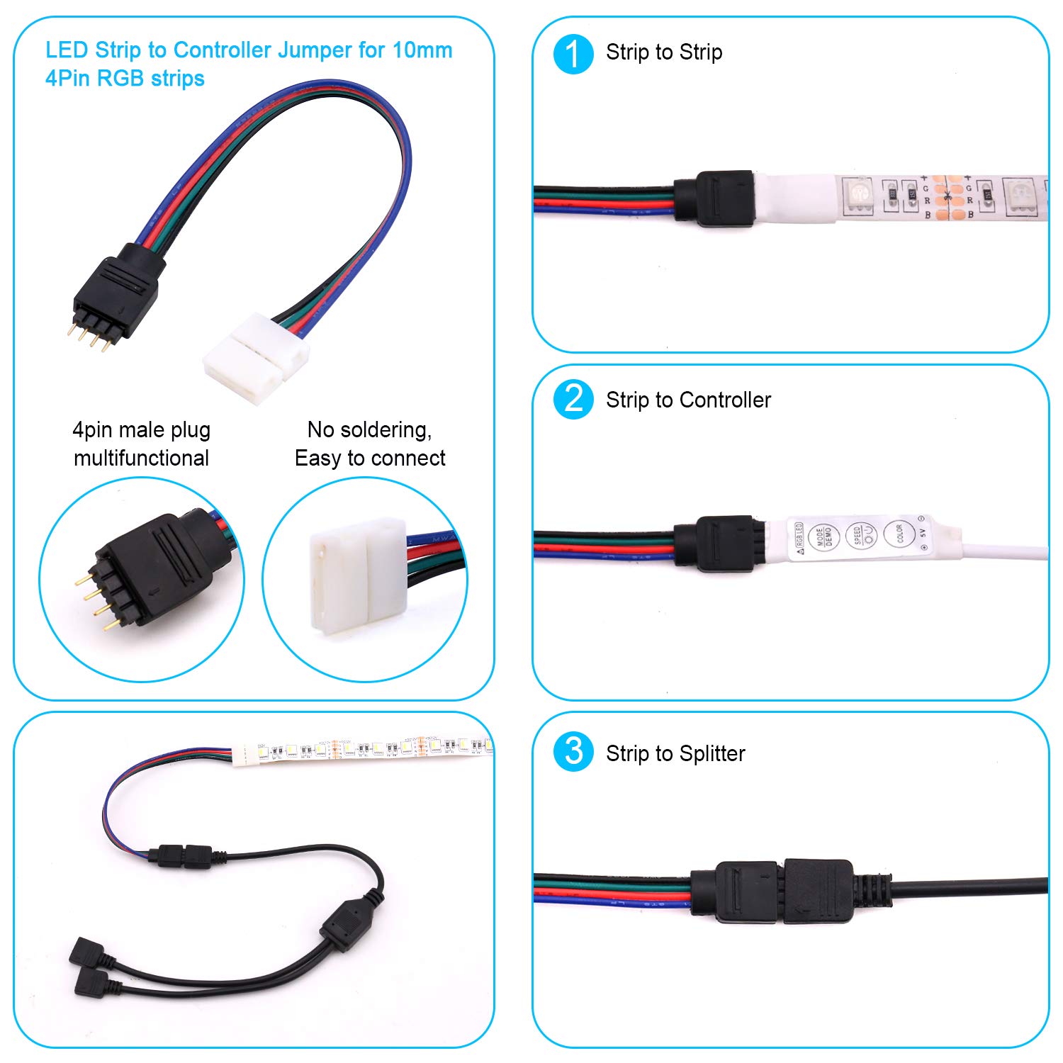 5050 RGB LED Strip Connectors 4 Pin - 10mm L Shape LED Light Connector Kit for Indoor/Outdoor Decoration, Home Theater & DIY Lighting Projects