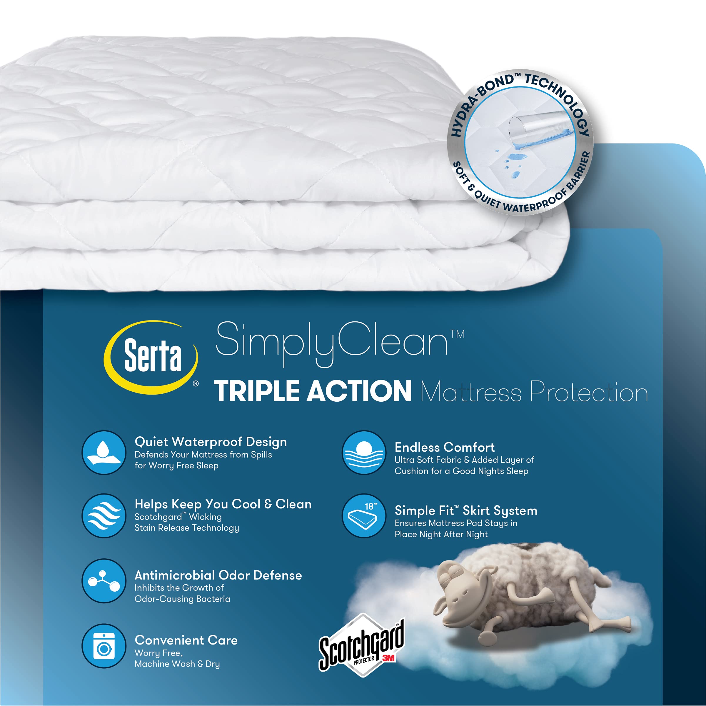 Serta Simply Clean Triple Action Waterproof Mattress Pad - Ultra Soft, Stain-Resistant & Machine Washable - California King Size White Mattress Protector for Bedroom, Guest Room & Dorm Use