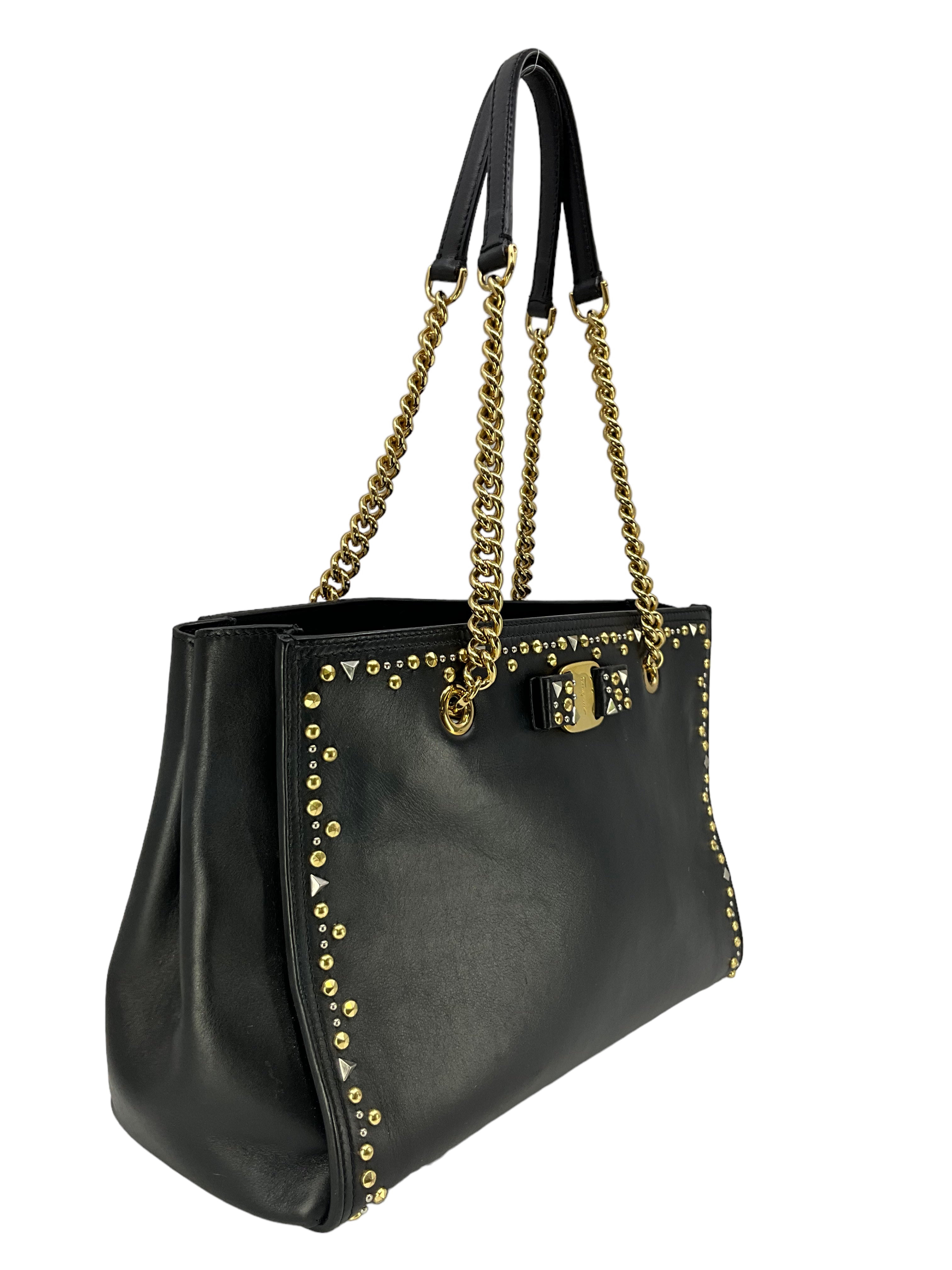 Salvatore Ferragamo Studded Leather Vara Bow Bag - Luxury Designer Handbag for Women, Perfect for Parties, Weddings & Evening Events
