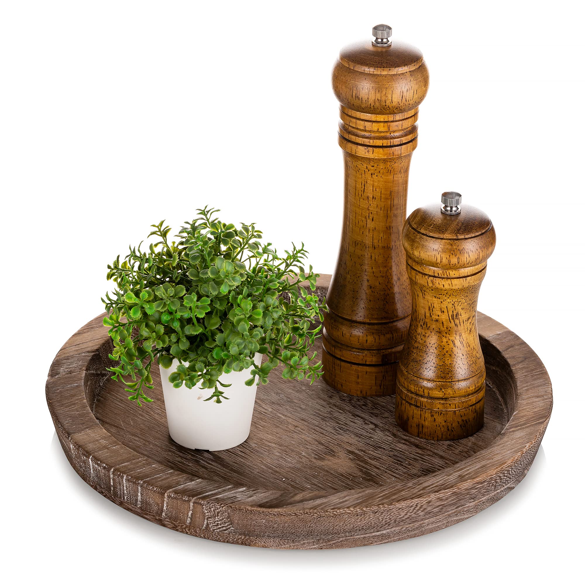Rustic Wooden Tray - Vintage Round Decorative Candle Holder Centerpiece, Farmhouse Ottoman Butler Tray for Home Decor, Kitchen Countertop & Coffee Table Accessories | Perfect for Farmhouse Style, Tea Parties & Living Room Organization